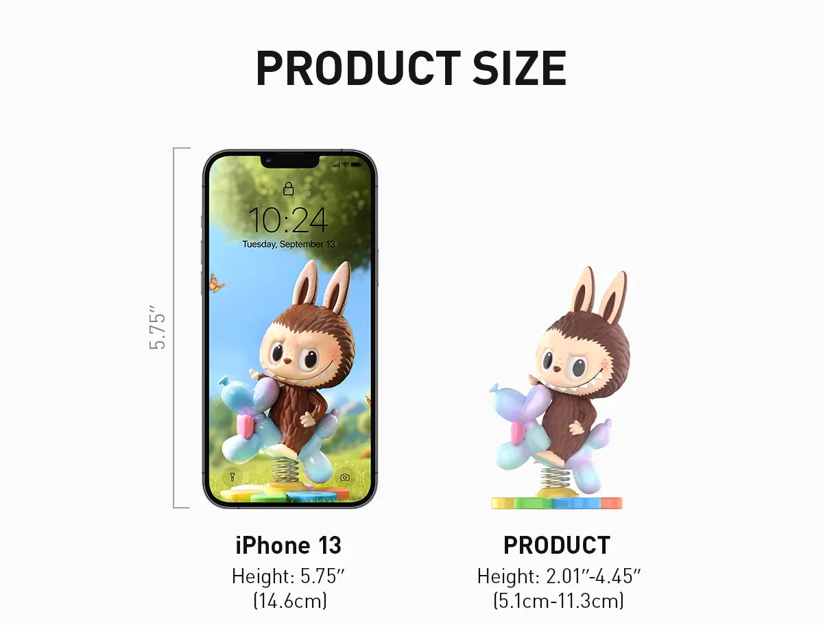 Finding MOKOKO Series Figures: A bunny-costumed character on a balloon-dog figurine, 2.01″-4.45″ tall, compared to an iPhone 13 for size reference.