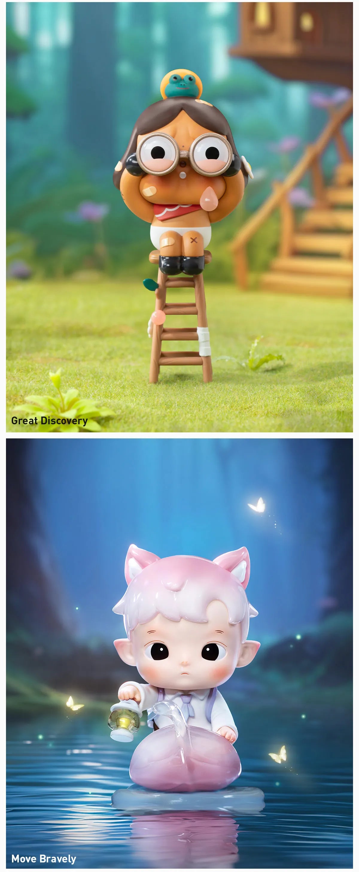 Finding MOKOKO Series Figures: Cartoon child on ladder with frog head; chibi elf child on lily pad in misty pond with lantern. Preorder, ships Jan 2026.
