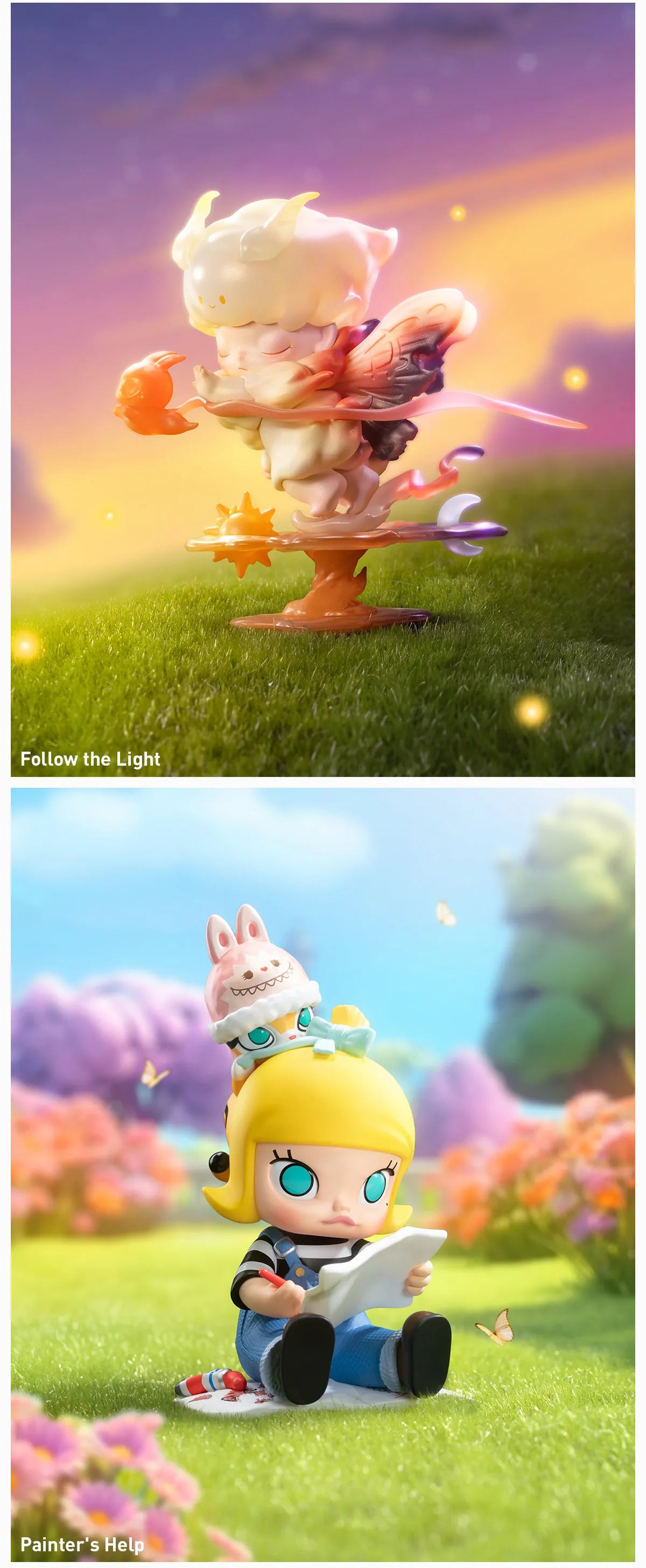Finding MOKOKO Series Figures: A whimsical pastel creature with wings on a sun platform, and a chibi girl sketching in a butterfly-filled garden.