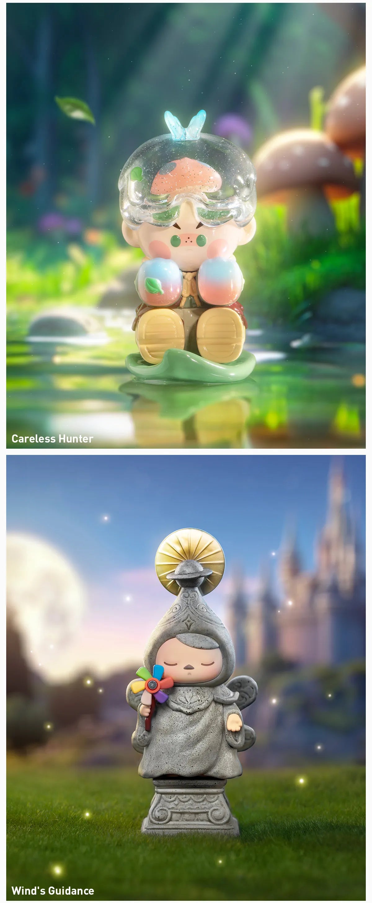 Finding MOKOKO Series Figures: Careless Hunter and Wind’s Guidance dioramas, featuring whimsical vinyl figures in enchanting, nature-themed settings.