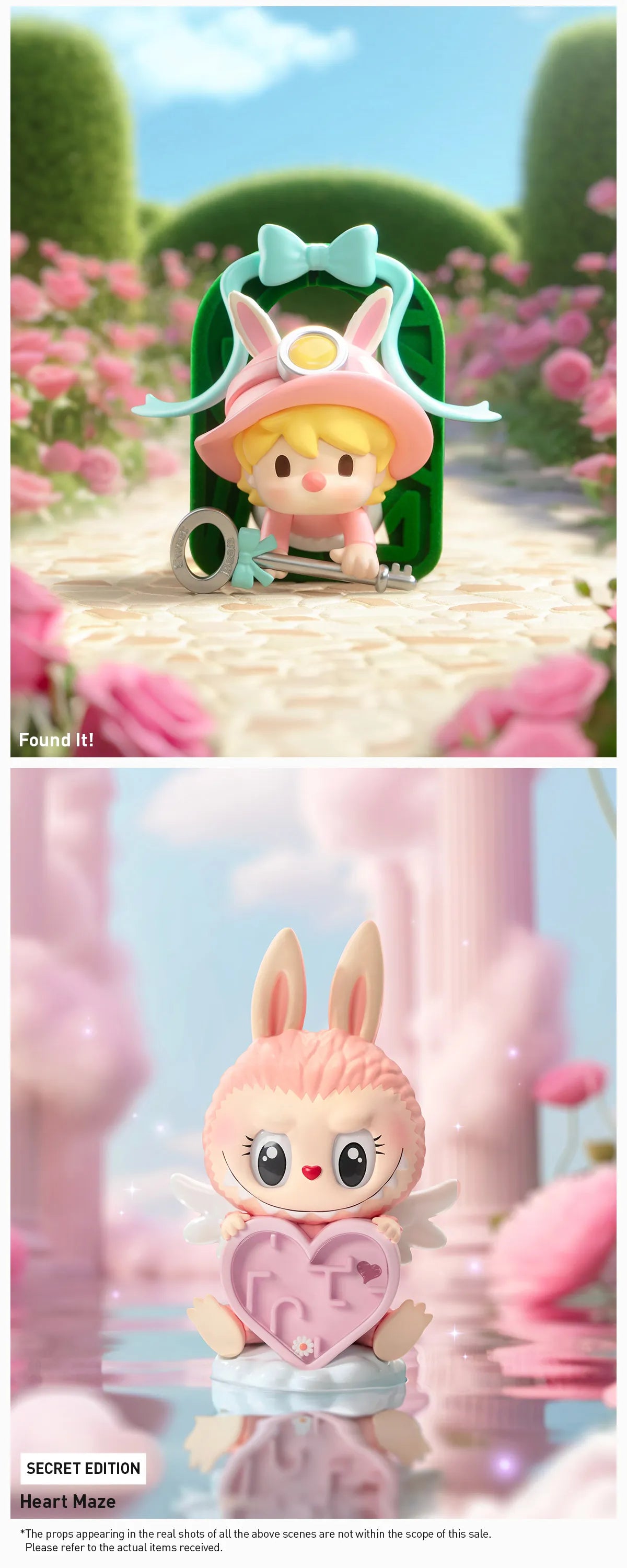 Finding MOKOKO Series collectible toys in whimsical scenes: one explores a garden; the secret edition features a bunny with a heart maze on a cloud.