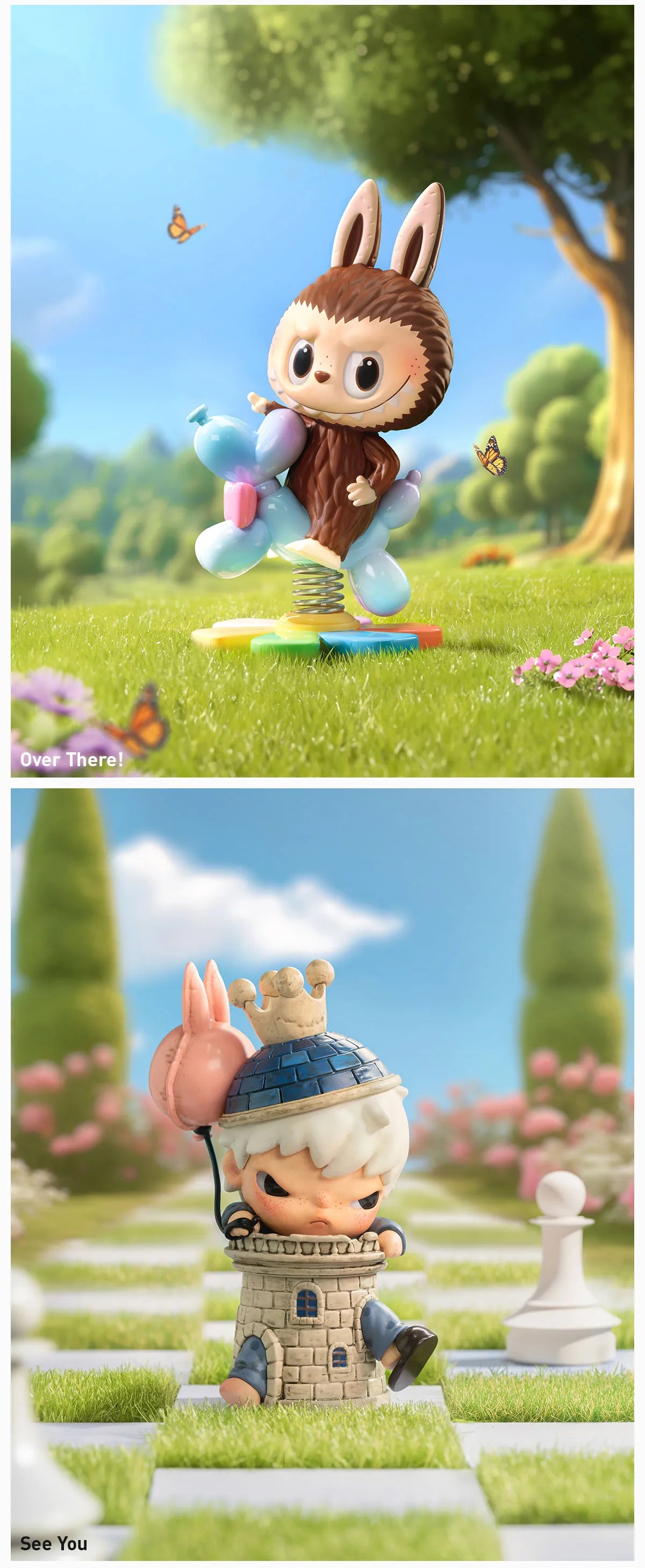 Finding MOKOKO Series Figures: a whimsical creature on a spring toy and a childlike figure with castle attire on a chessboard, part of a collectible series.