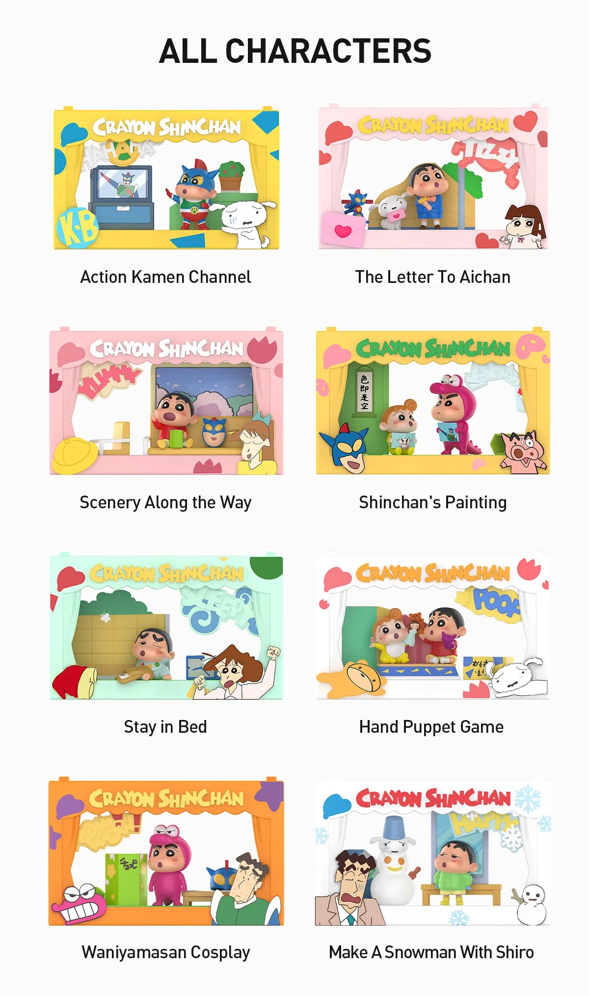 Crayon Shinchan Life Theatre Series Scene Sets showcasing eight dioramas with characters in themed setups, available for preorder at Strangecat Toys.