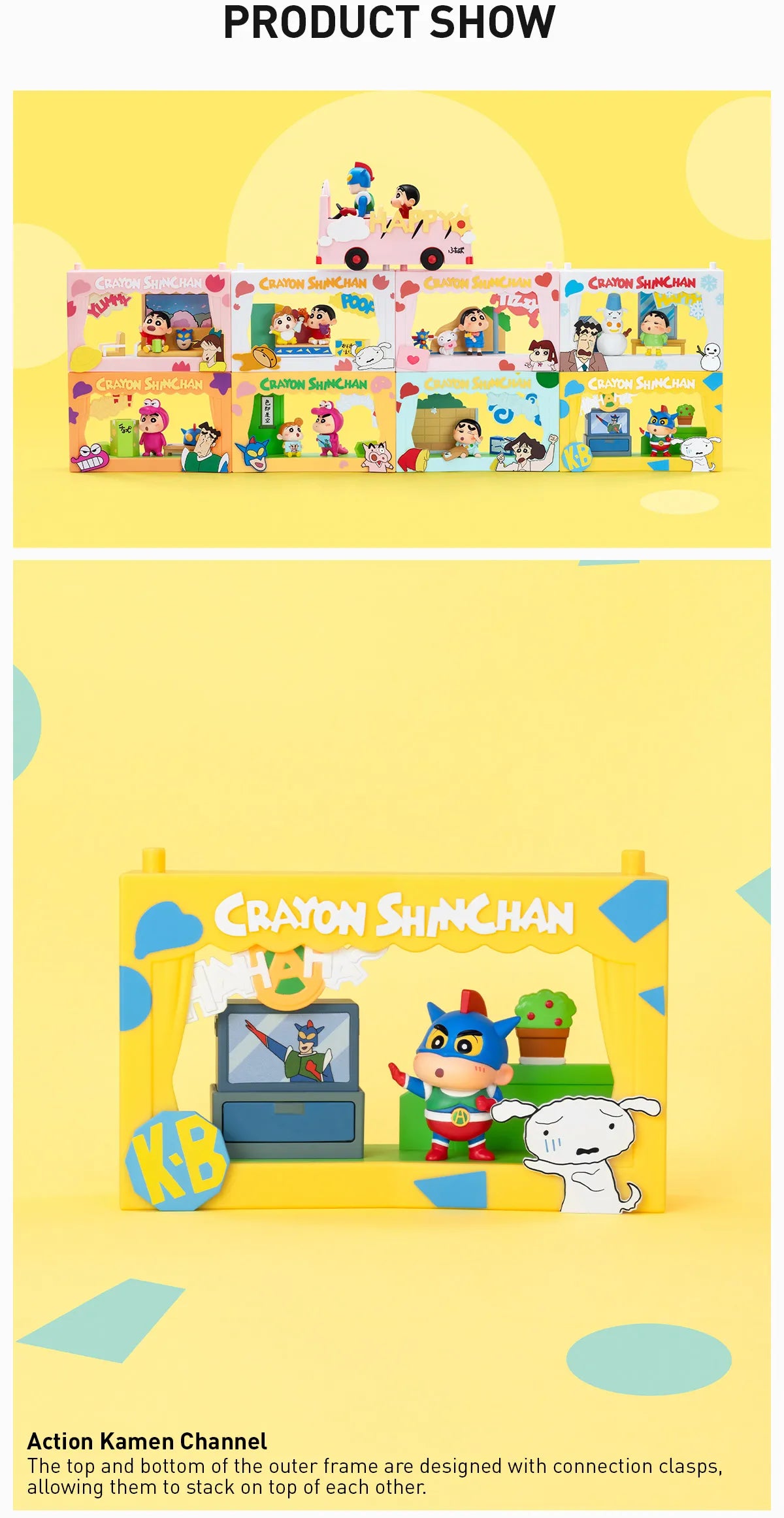Crayon Shin-chan Life Theatre Series Scene Sets featuring stackable diorama frames with themed mini-scenes and figures; preorder for August 2025 shipment.