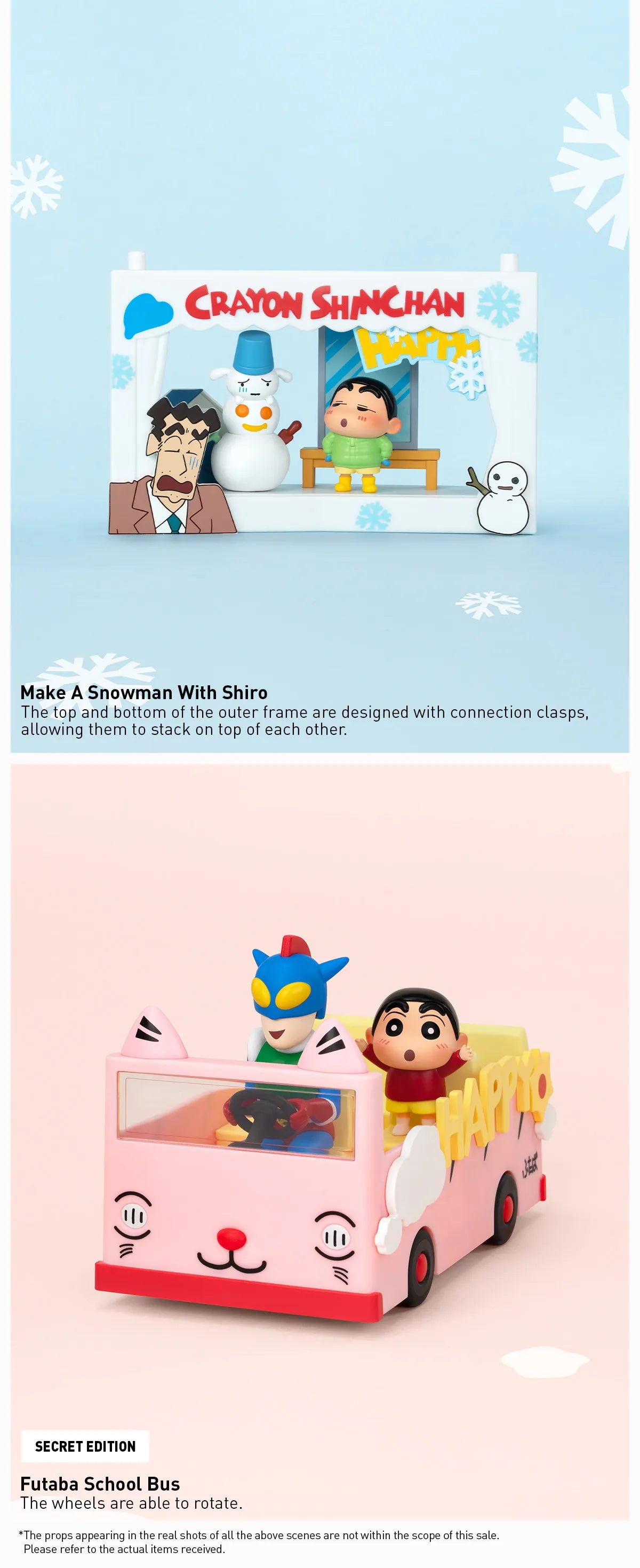 Crayon Shinchan Life Theatre Series Scene Sets showcasing Make A Snowman With Shiro diorama and Secret Edition: Futaba School Bus with Shin-chan and Action Kamen.