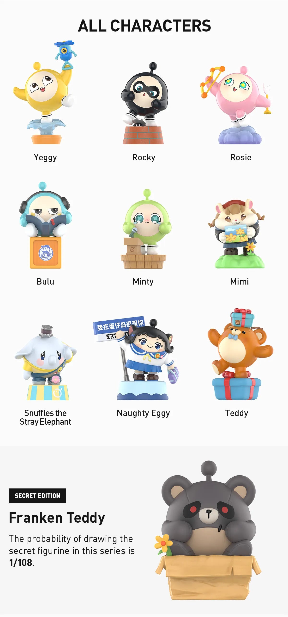 Eggy Party: Colorful Playland Classic Series Figures - Preorder featuring various cartoon toy characters, including a bear with a blue box and a girl holding a sign.