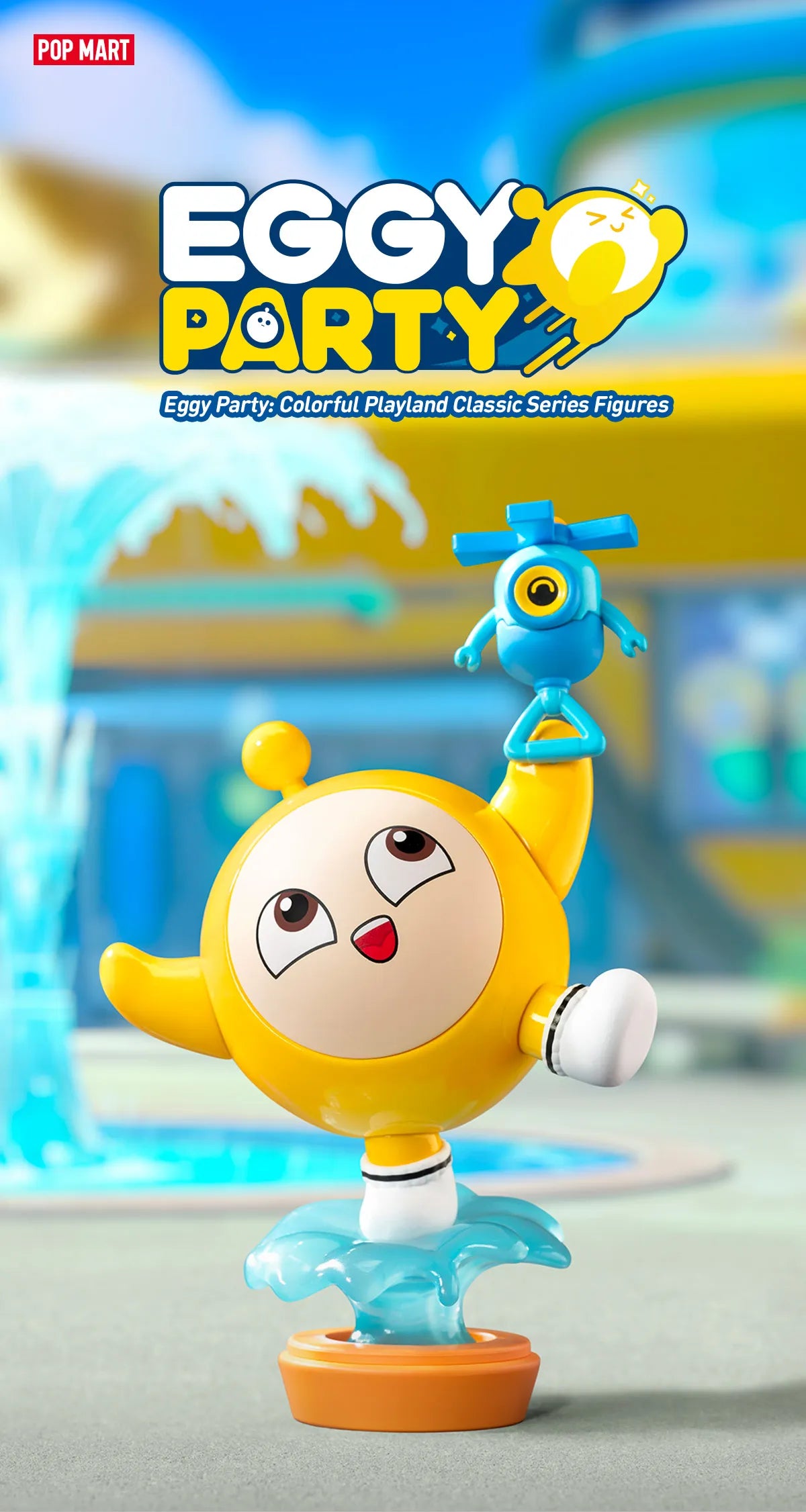 Eggy Party: Colorful Playland Classic Series toy featuring a blue helicopter and cartoon faces, available for preorder at Strangecat Toys.