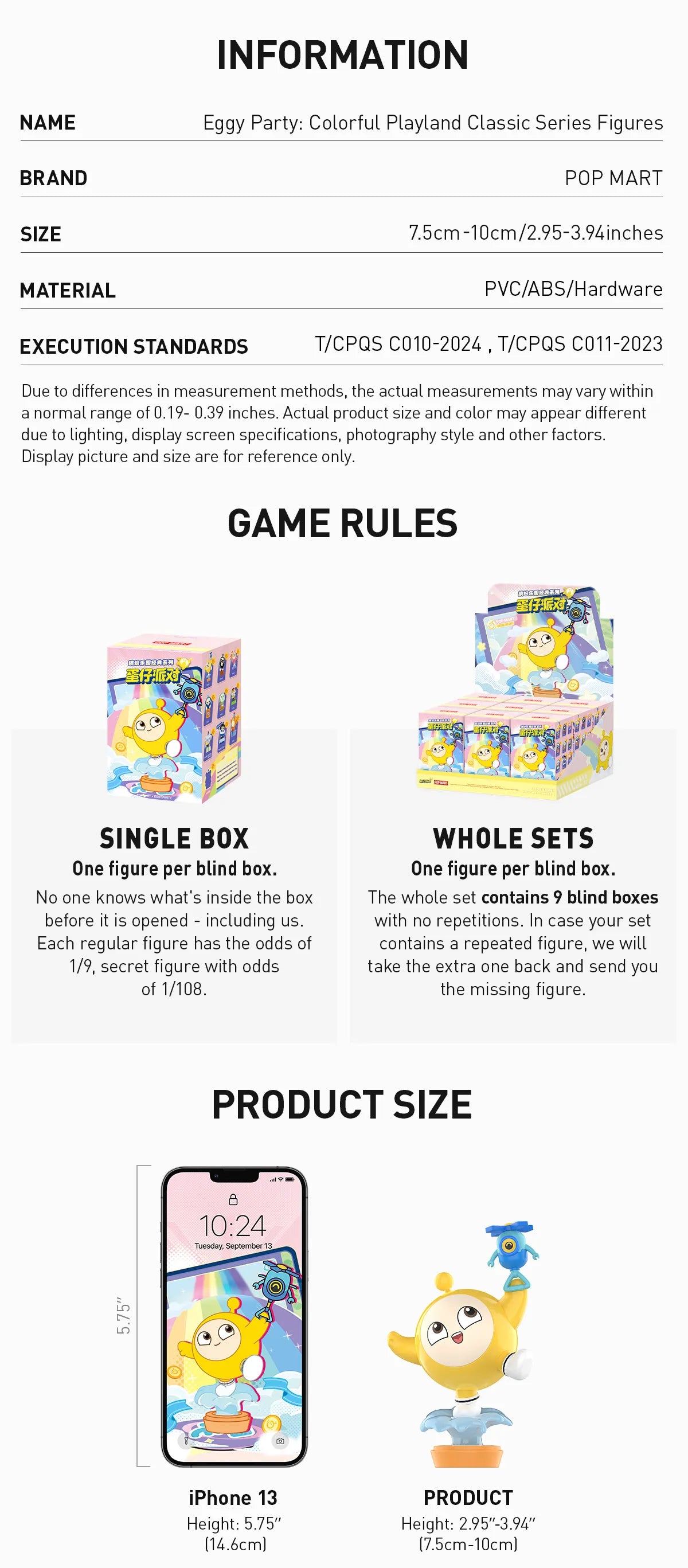 Eggy Party: Colorful Playland Classic Series Figures - Preorder, featuring cartoon character boxes, a yellow toy with a face, and product size details.