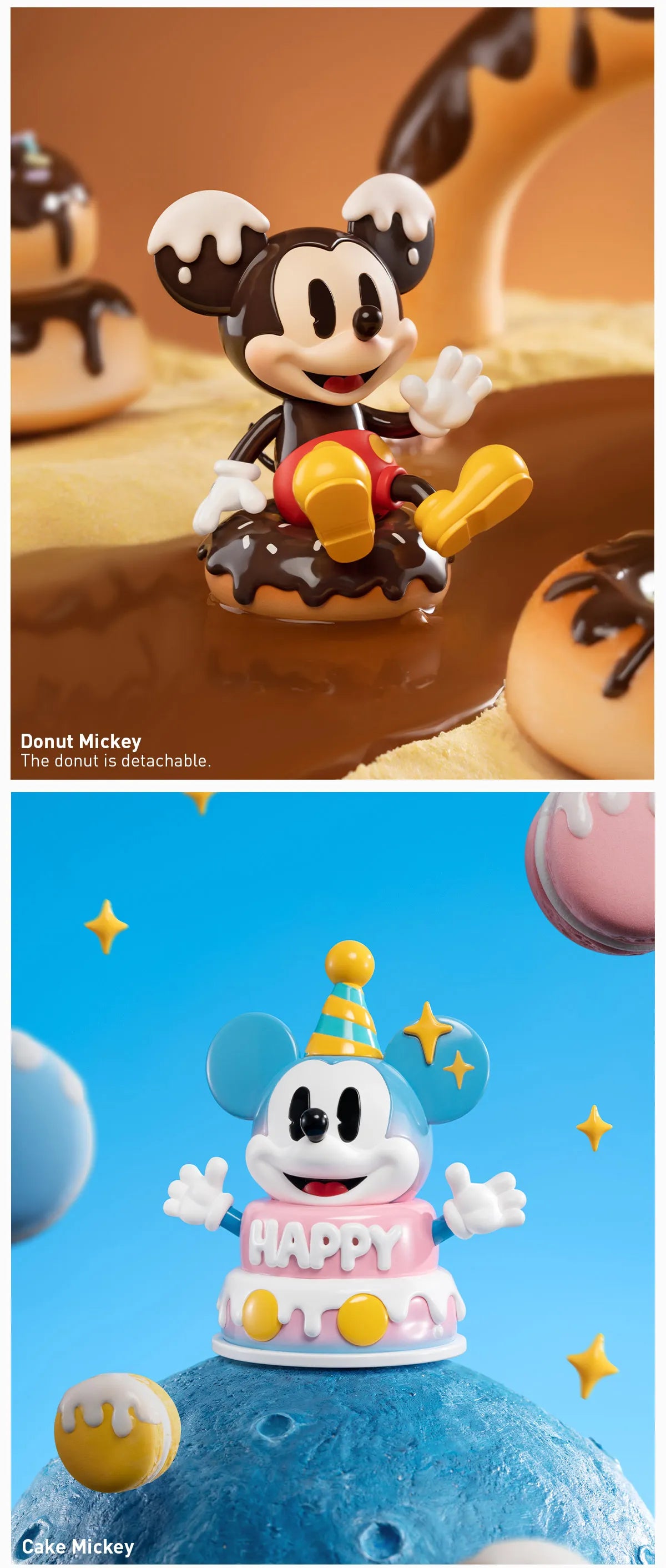 Disney Mickey Childhood of Boundless Imagination Series toy figurine, featuring a cartoon mouse atop a blue cake. Preorder available for February 2025 shipment.