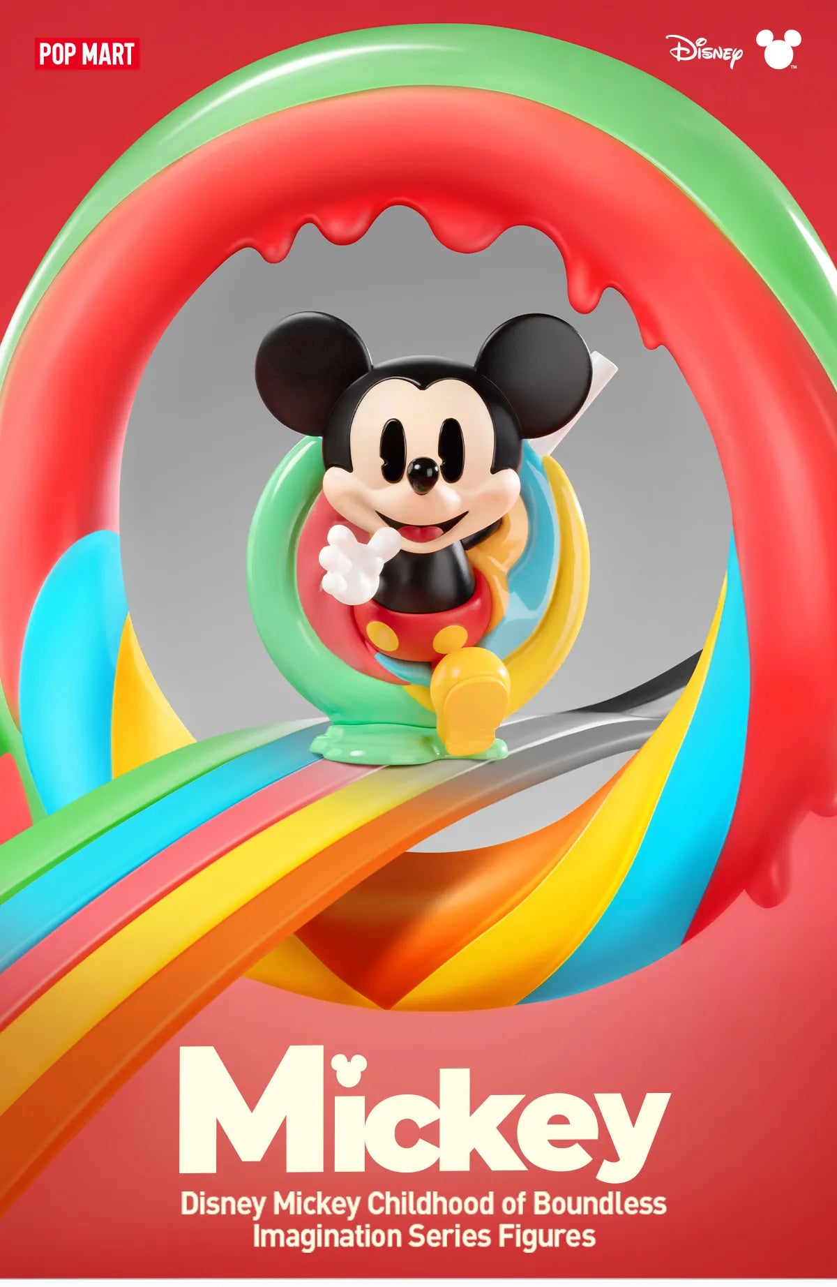 Disney Mickey Childhood of Boundless Imagination Series toy mouse figure on a rainbow. Preorder for February 2025 release, featuring 12 designs plus one secret.
