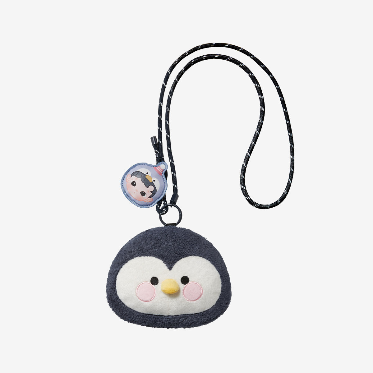 HACIPUPU Snuggle With You Series-Plush Bag Blind Box features a plush penguin pouch and cartoon character tag on a lanyard, capturing adorable penguin-themed charm.