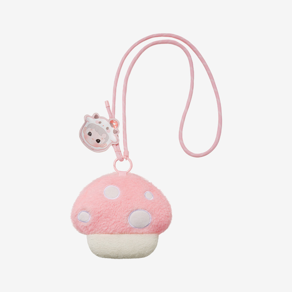 HACIPUPU Snuggle With You Series-Plush Bag Blind Box features a fuzzy mushroom-shaped cross-body bag with a cartoon tag, part of a collectible series.