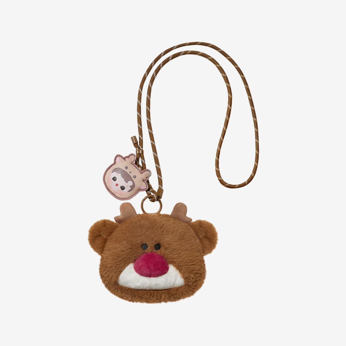 HACIPUPU Snuggle With You Series-Plush Bag Blind Box: Soft reindeer head-shaped cross-body pouch with faux fur, antlers, red nose, and cartoon tag, from Strangecat Toys.
