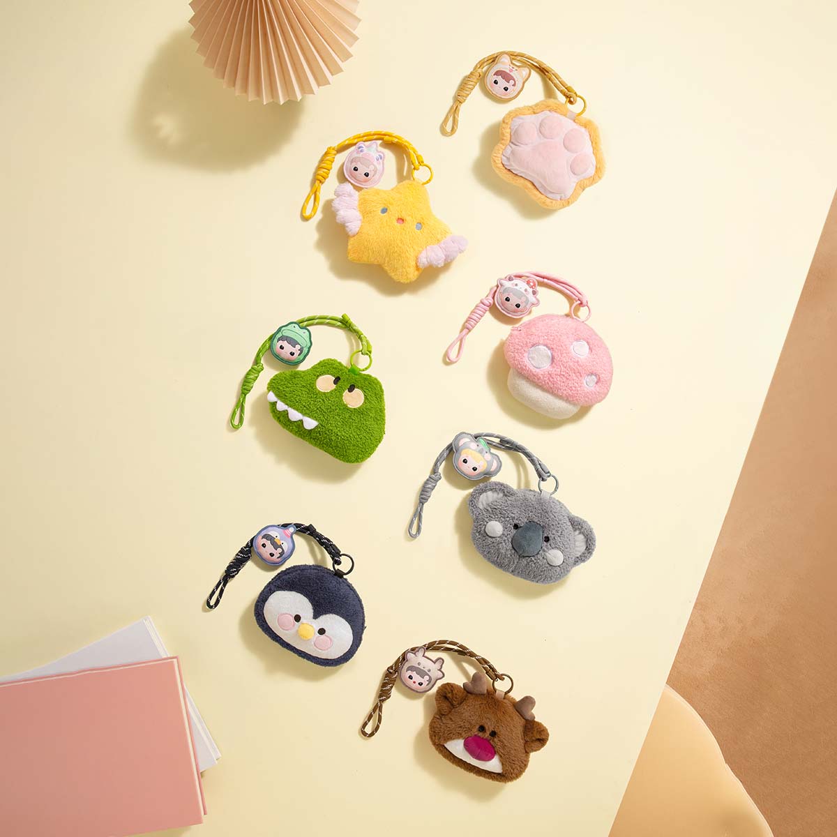 HACIPUPU Snuggle With You Series-Plush Bag Blind Box shows seven character-themed plush keychain pouches, highlighting the charming variety in this collectible set.