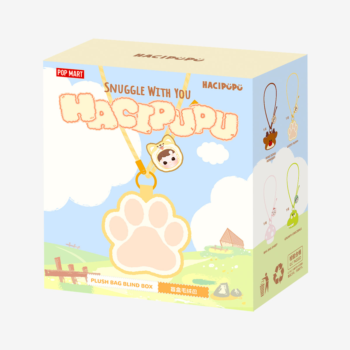 Pop Mart HACIPUPU Snuggle With You Series-Plush Bag Blind Box featuring plush keychain designs: reindeer, puppy, sheep, crocodile. Includes brand logos and product labeling.