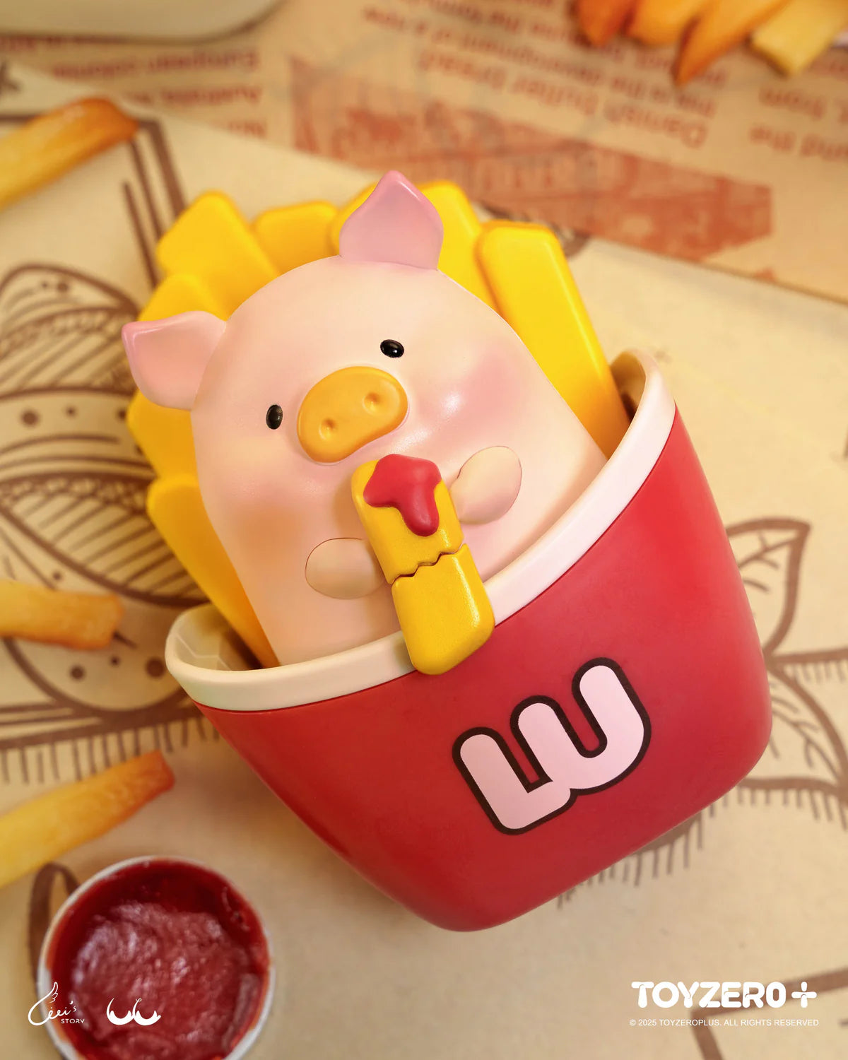 LuLu the Piggy - Burger Express Movable Series: A pink pig figure in a fries carton with removable fries, holding one fry with ketchup. Collectible toy by TOYZERO.