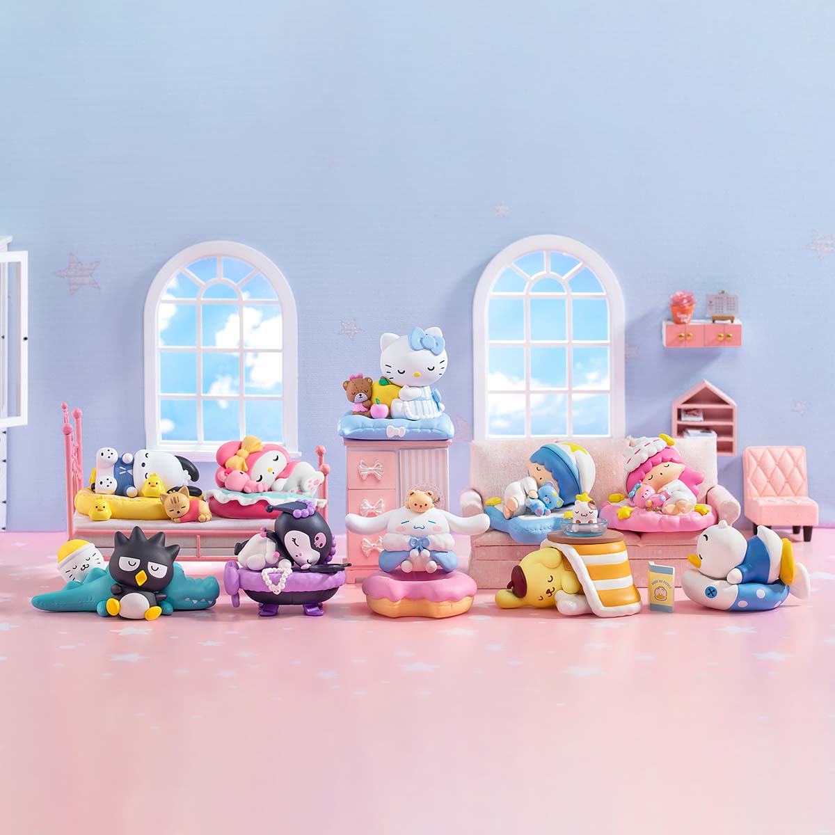 Hello Kitty and Friends Fall Asleep Series Figures in a pastel bedroom diorama, featuring napping Sanrio characters like My Melody, Pochacco, and Hello Kitty.