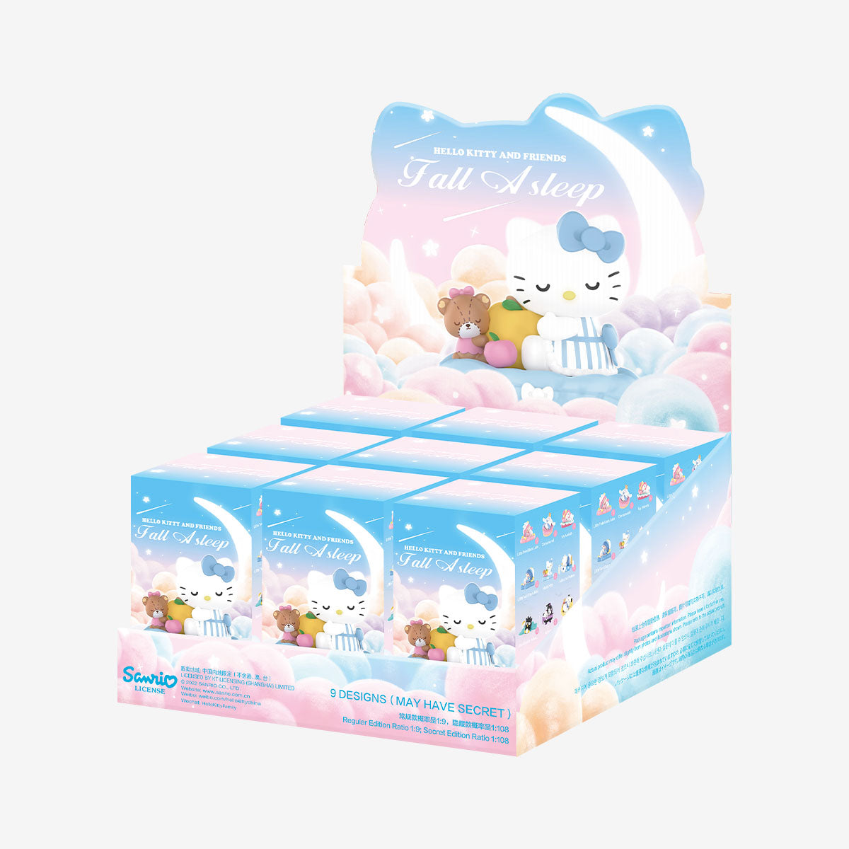 Hello Kitty and Friends Fall Asleep Series Figures in blind-box display, featuring nine collectible designs, including a secret rare, available at Strangecat Toys.