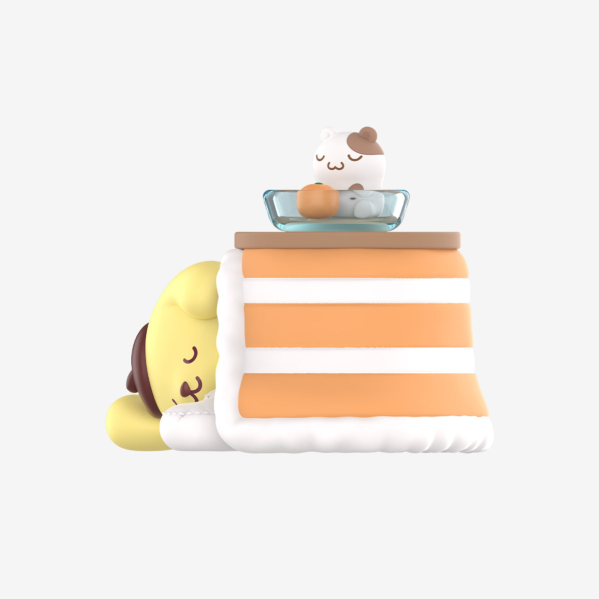 Hello Kitty and Friends Fall Asleep Series Figure: A whimsical cake slice blanket with sleeping dog character and cat-shaped figure, part of a collectible blind box series.