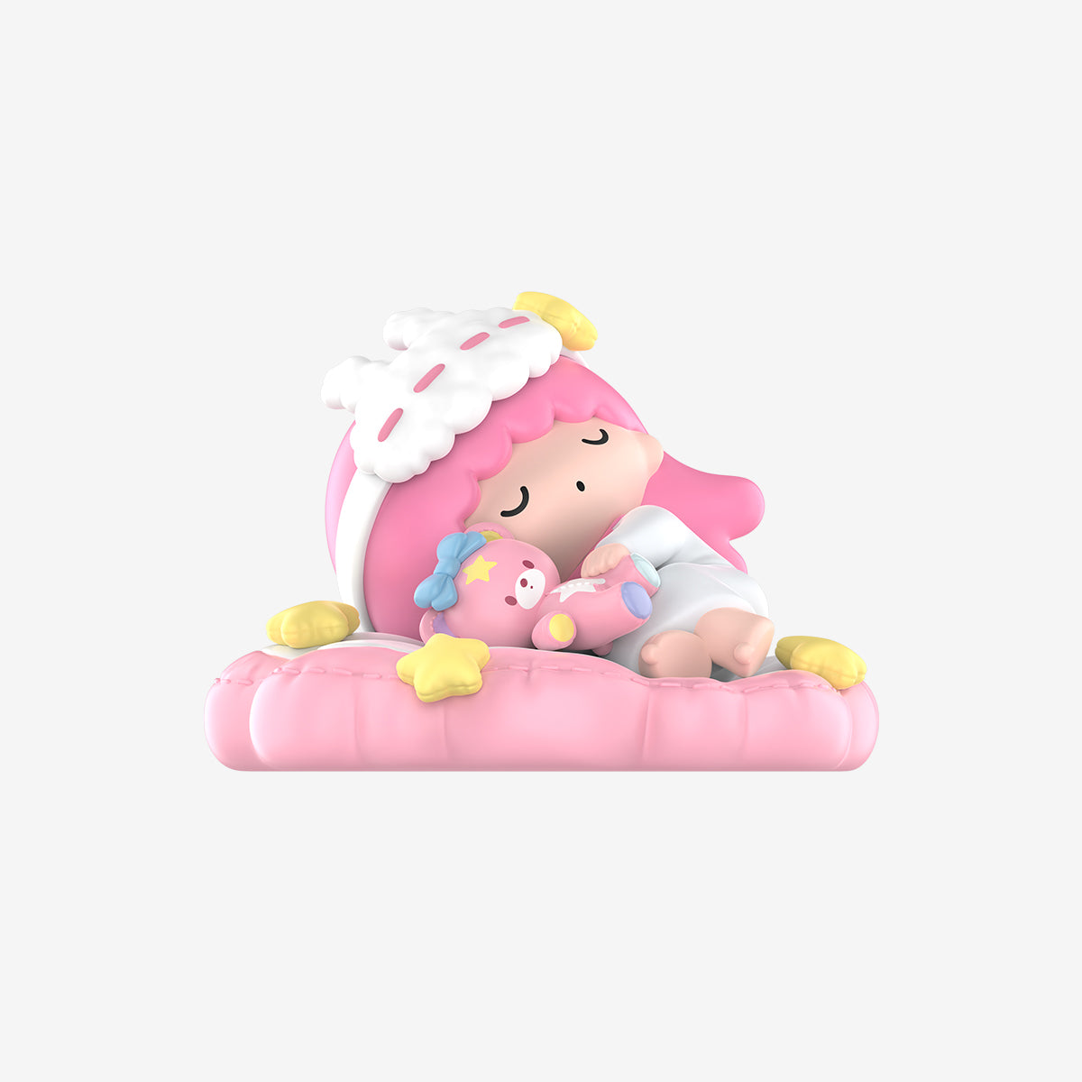Hello Kitty and Friends Fall Asleep Series figure depicts a pink-haired girl asleep on a cushion, hugging a teddy bear, surrounded by star pillows.