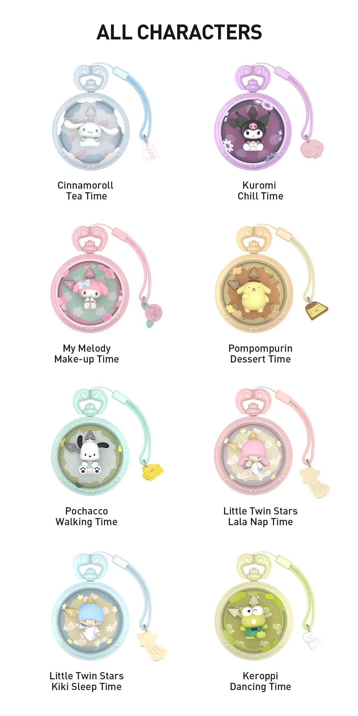 The Wonderful Time With Hello Kitty and Friends Series Scene Sets Blind Box features cartoon characters in pocket watch designs, available for preorder.
