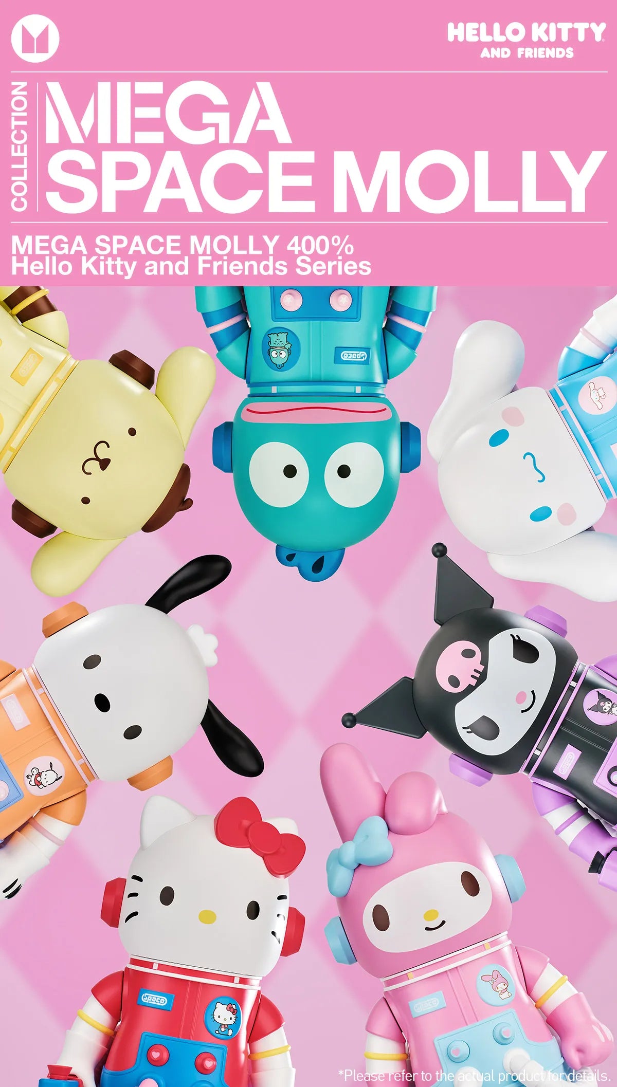Mega Space Molly 400% Hello Kitty and Friends Series figures in astronaut suits, displayed in a circle on a promotional poster. Preorder available at Strangecat Toys.