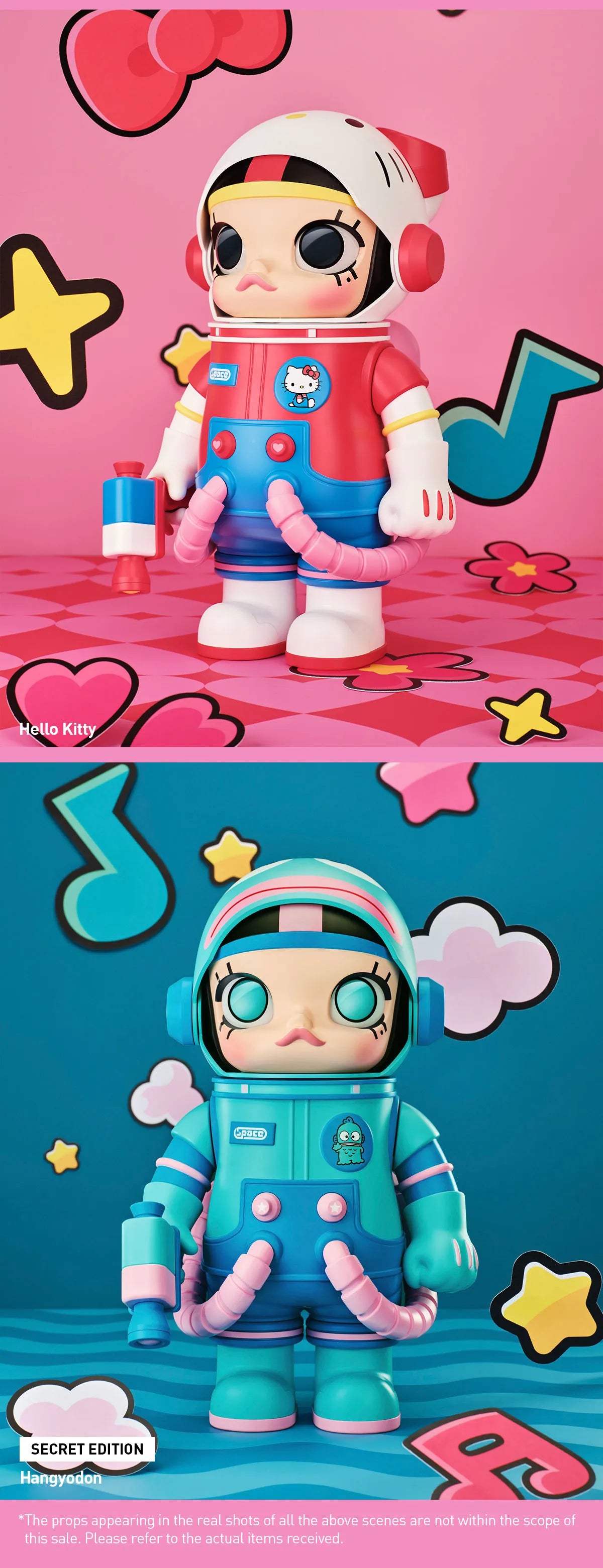 MEGA SPACE MOLLY 400% Hello Kitty and Friends Series collectible toys with astronaut figures, featuring Hello Kitty and Hangyodon designs, set against colorful backdrops.
