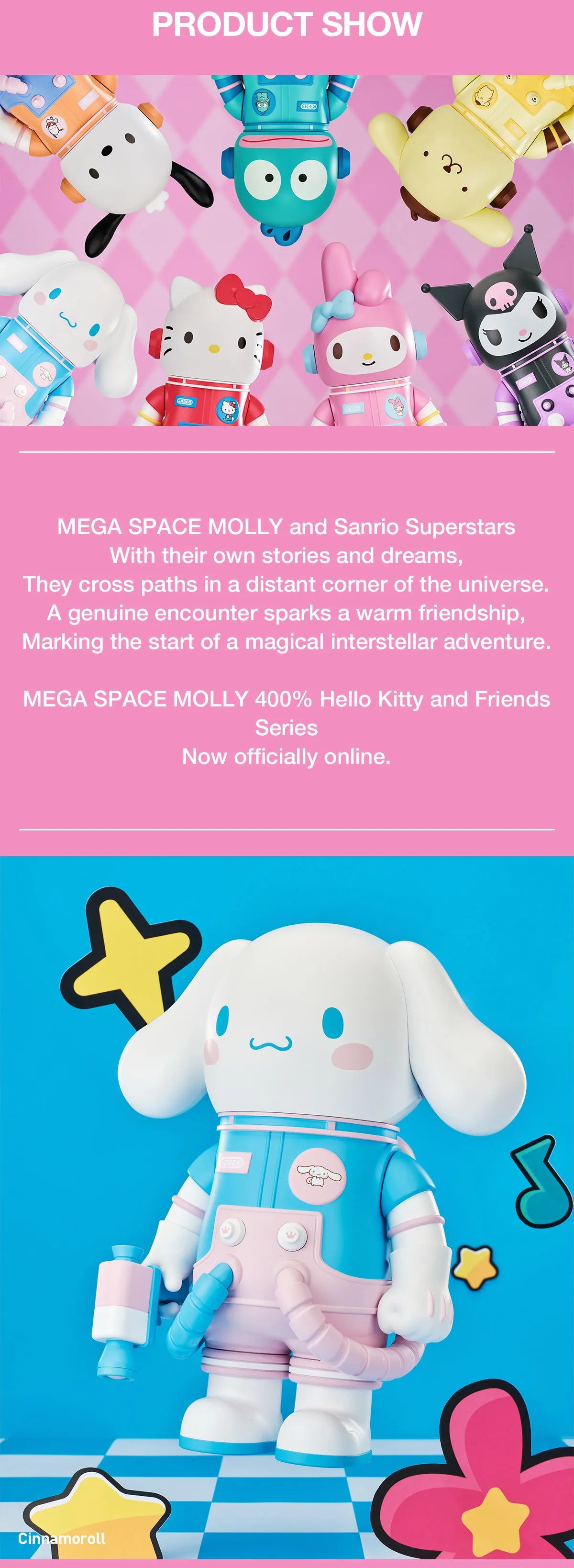 Promotional poster for MEGA SPACE MOLLY 400% Hello Kitty and Friends, featuring astronaut figures and Cinnamoroll in a spacesuit with a blaster, available for preorder.
