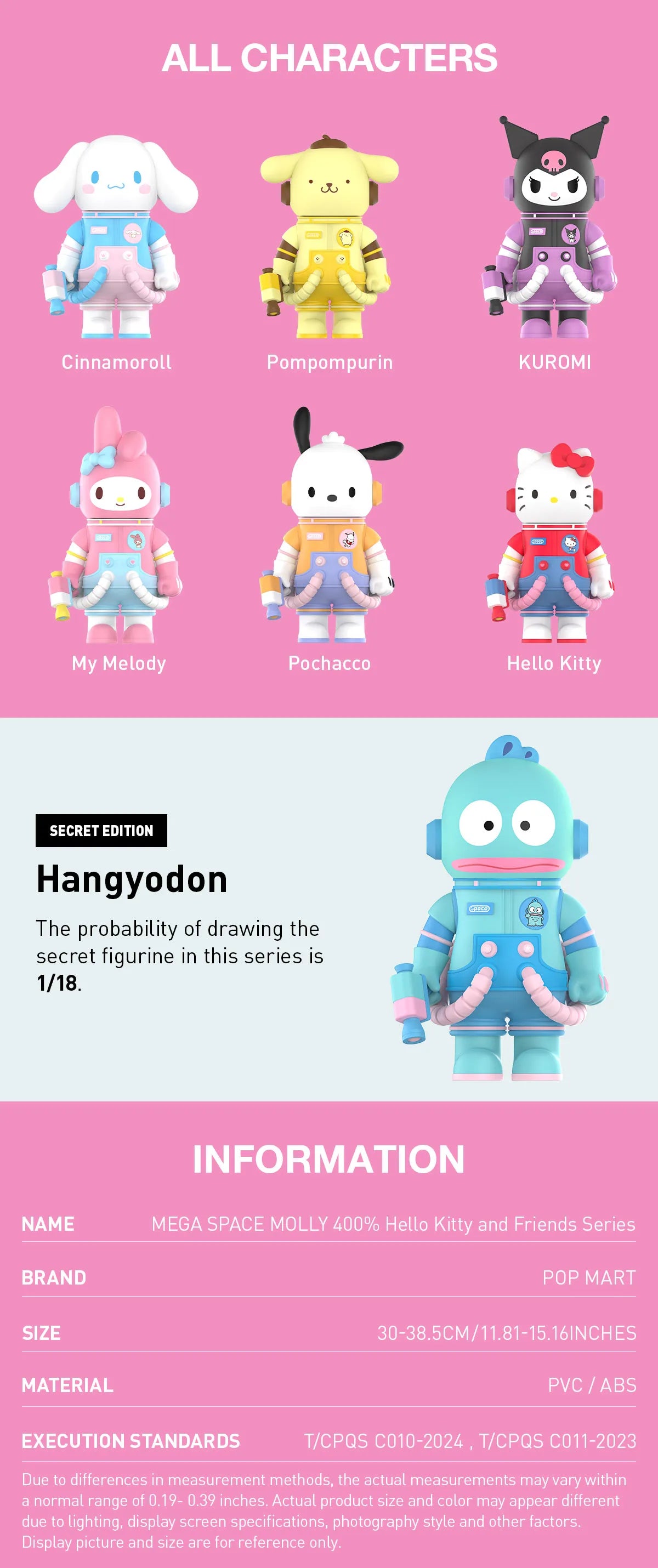 MEGA SPACE MOLLY 400% Hello Kitty and Friends Series vinyl figures in spacesuits; includes six designs and one secret edition, Hangyodon. Preorder for October 2025 shipment.