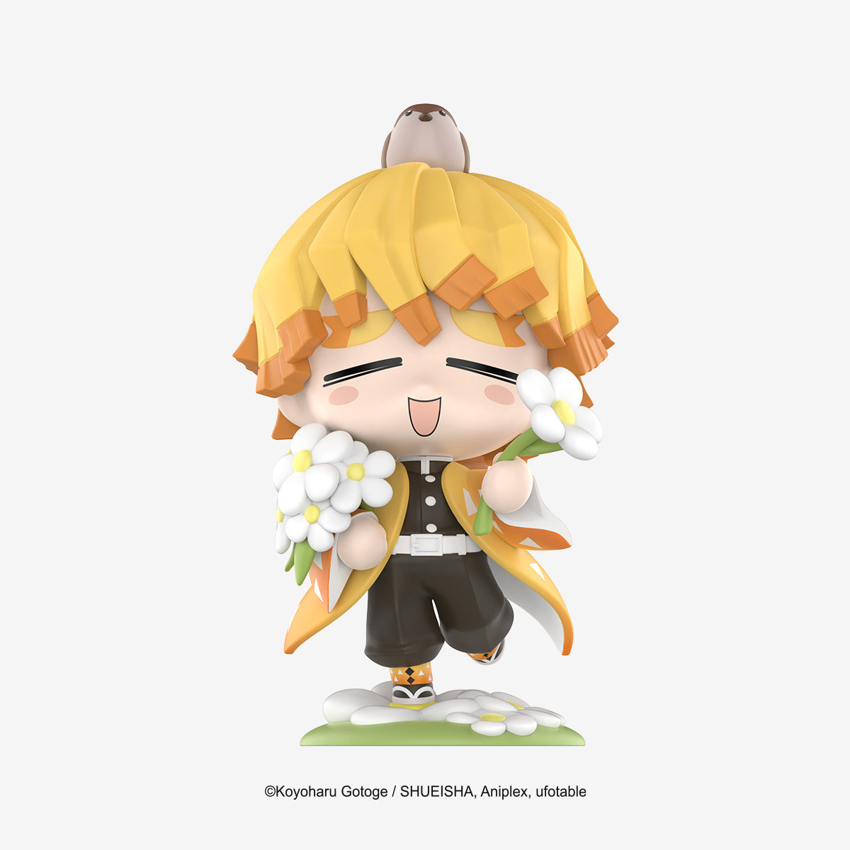 Zenitsu Agatsuma chibi figure from the Demon Slayer Birth Flower Series, holding daisies, with sparrow on head, from Strangecat Toys' collectible range.