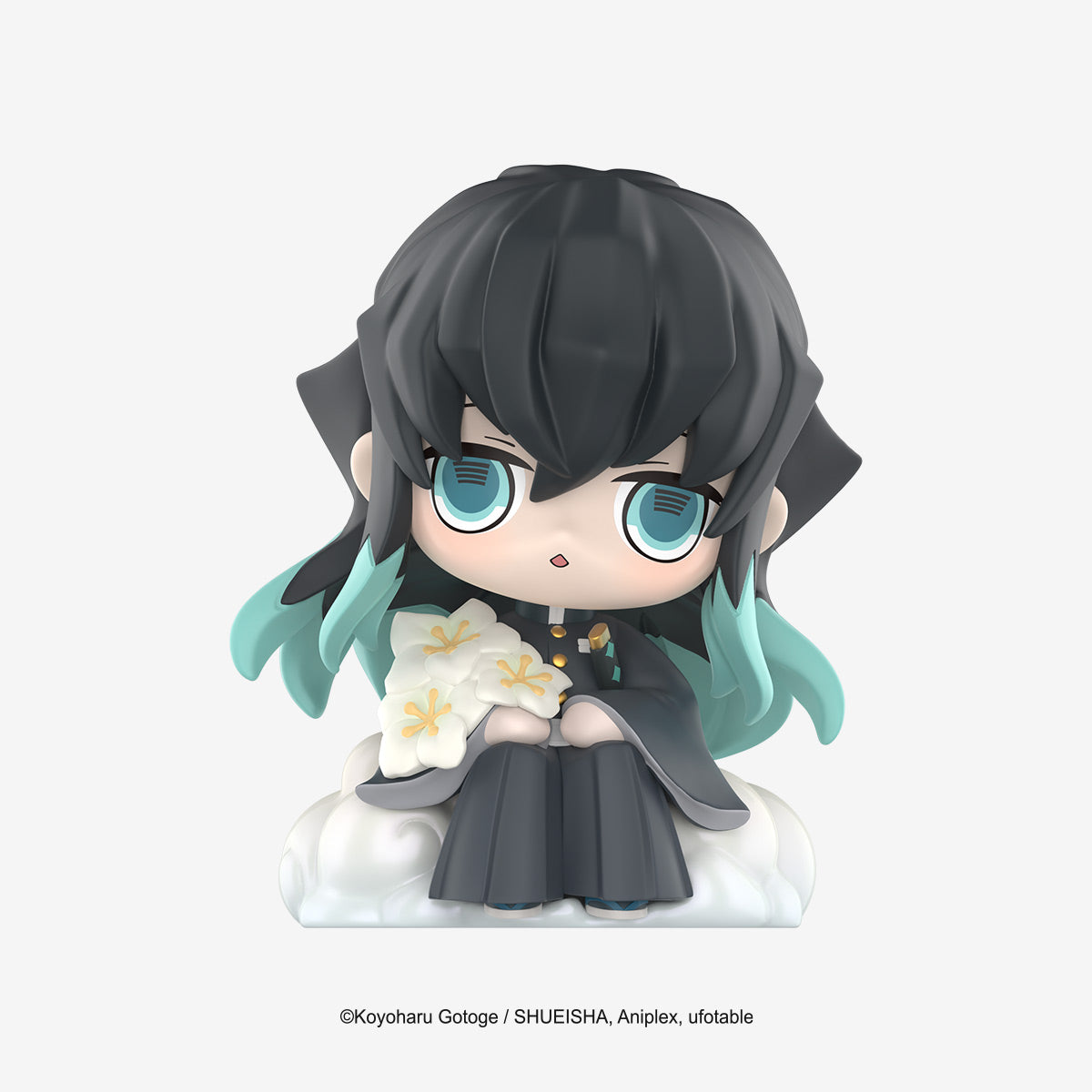 Demon Slayer: Kimetsu no Yaiba Birth Flower Series Figure of Muichiro Tokito, chibi-style, kneeling on a cloud base with lilies, officially licensed collectible.