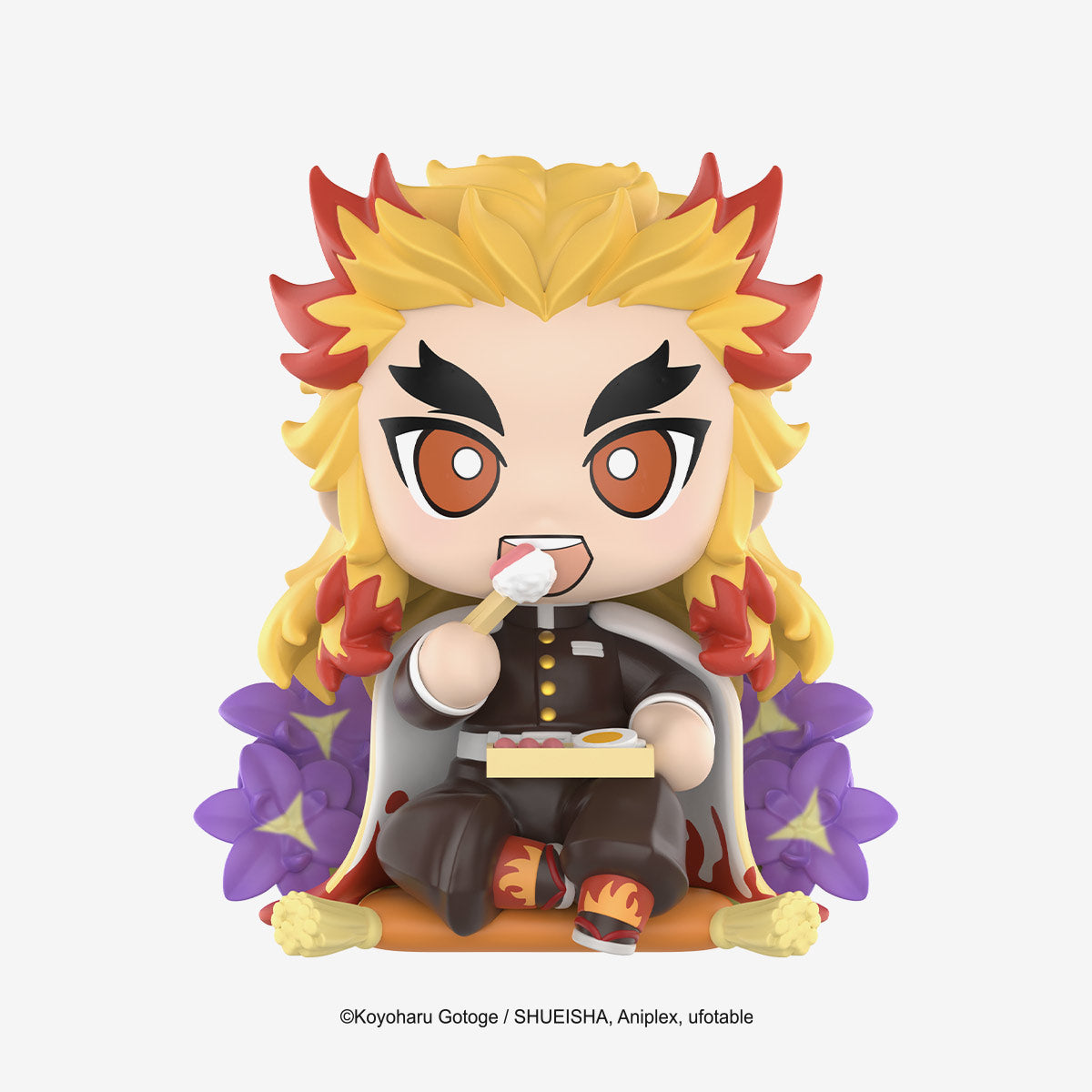Demon Slayer: Kimetsu no Yaiba Birth Flower Series - Kyojuro Rengoku chibi figure with bento, featuring signature attire, wisteria backdrop. Officially licensed collectible.