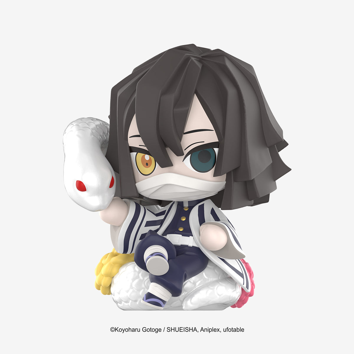 Demon Slayer: Kimetsu no Yaiba Birth Flower Series figure of Obanai Iguro seated on Kaburamaru, his companion snake, in chibi style.