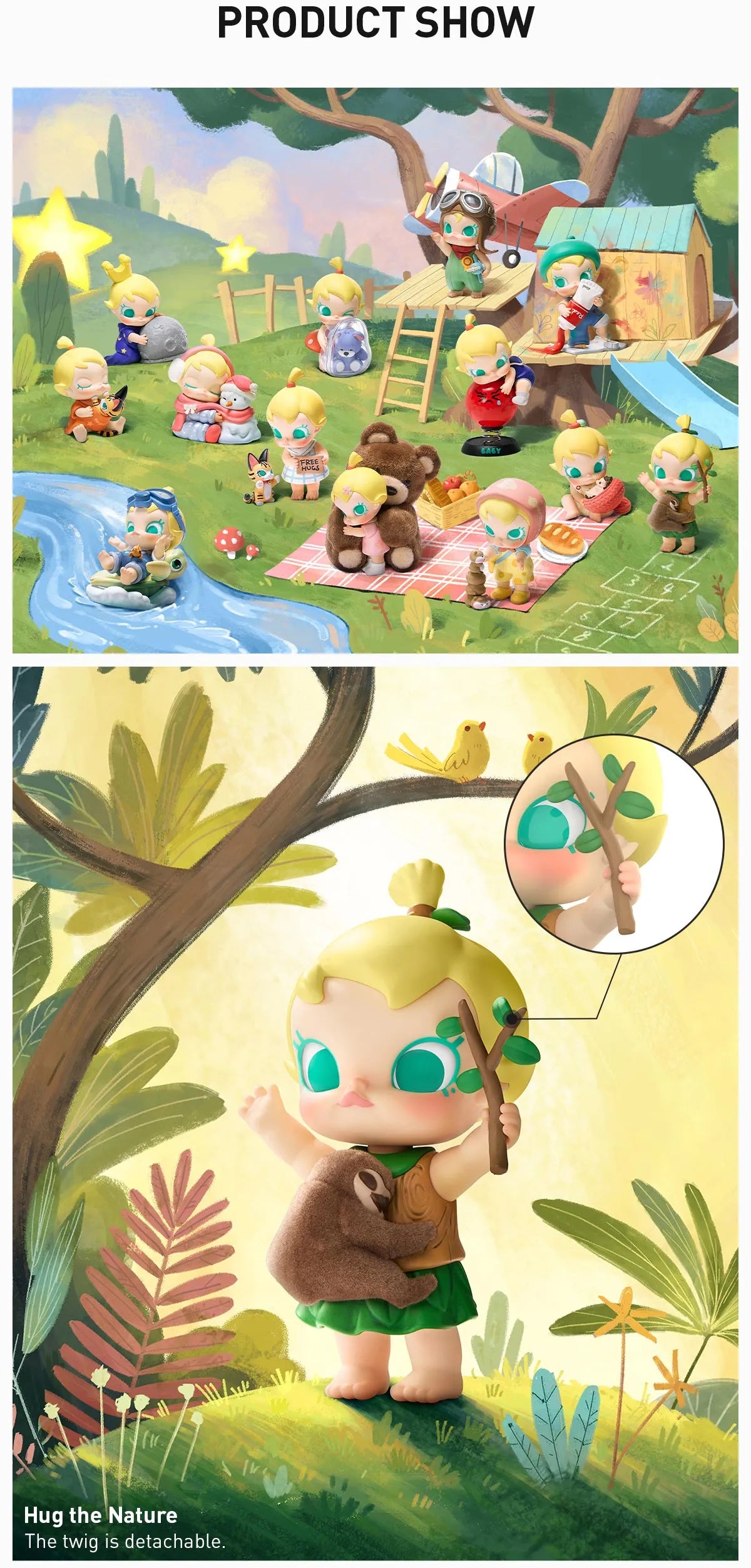 Baby Molly My Huggable Discovery Series Figures: Collectible figurines in playful outdoor scenarios, featuring Hug the Nature character hugging a sloth. Preorder for November 2025.