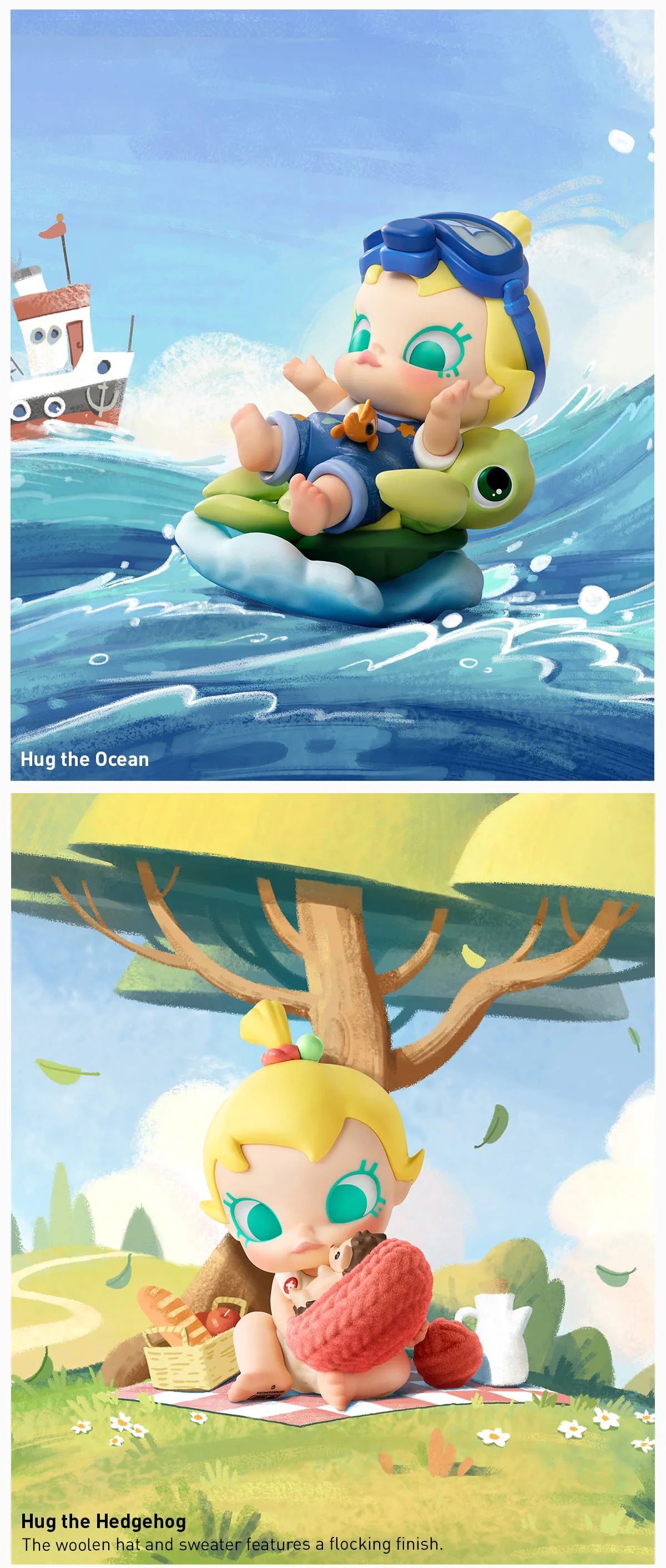 Baby Molly My Huggable Discovery Series Figures - Preorder features two illustrations: lounging on a sea-turtle float and cuddling a hedgehog under a tree.