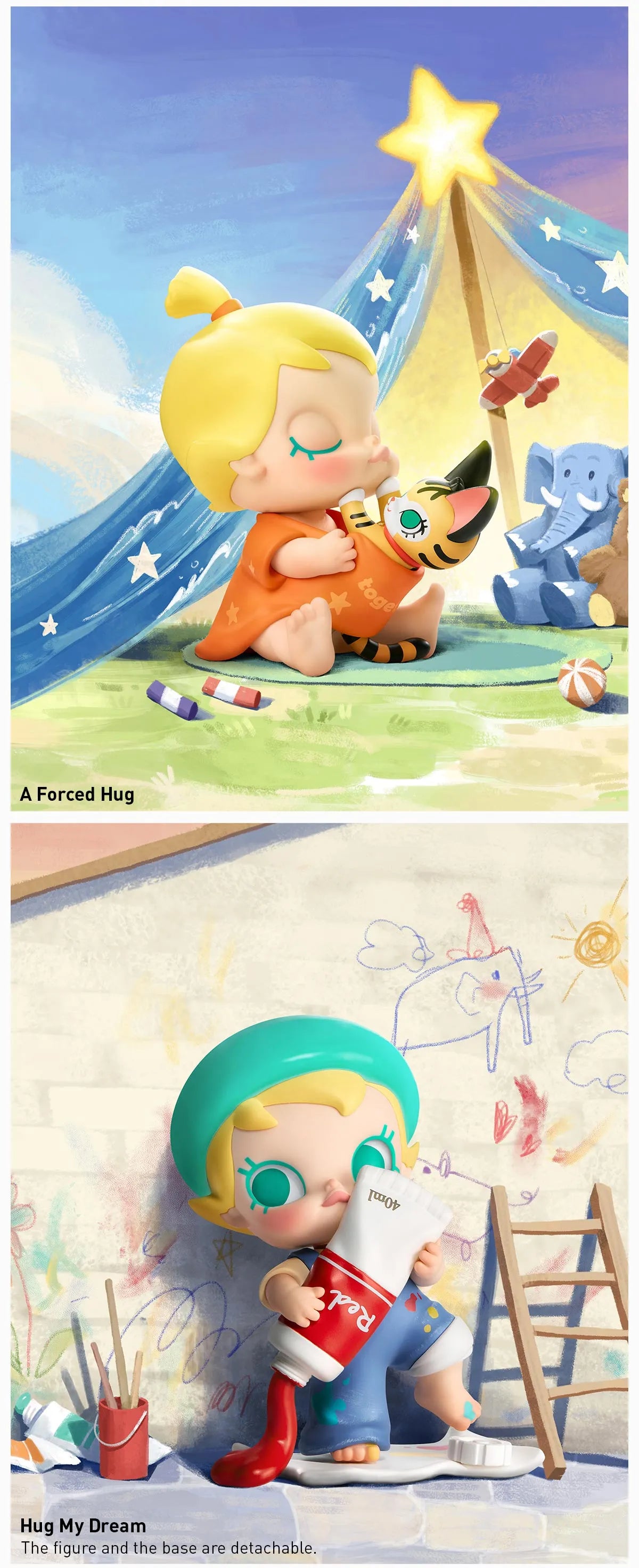 Baby Molly My Huggable Discovery Series Figures - Preorder: Two collectible figures, one hugging a toy kitten under a tent, another painting with red paint against a wall.