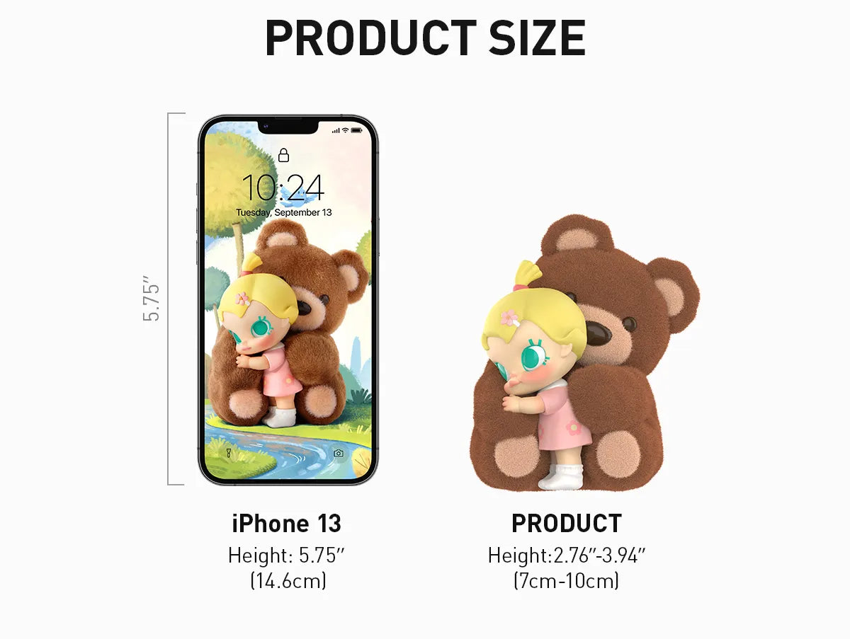 Baby Molly My Huggable Discovery Series Figures, a preorder item, shown in size comparison with an iPhone; figurine height is 2.76″–3.94″.