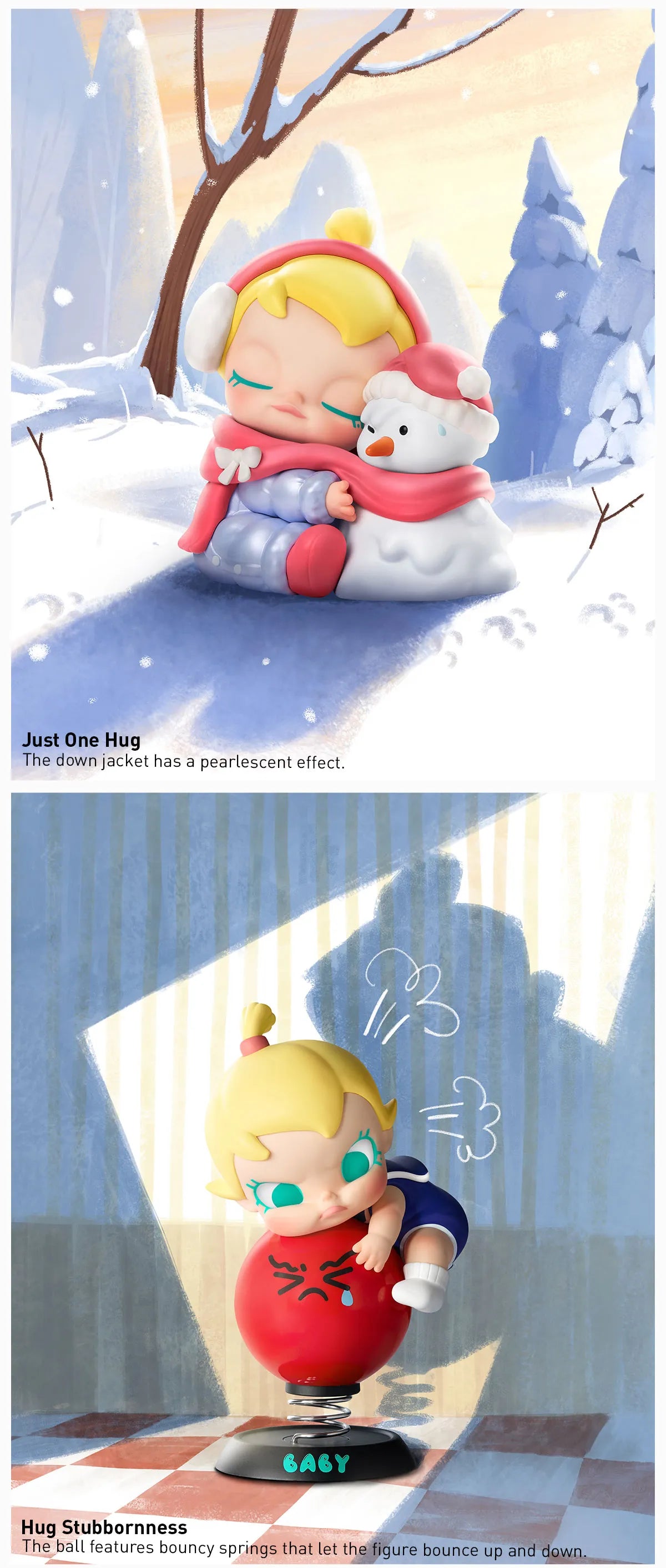 Baby Molly My Huggable Discovery Series Figures - Preorder, showcasing Just One Hug and Hug Stubbornness themes with pearlescent and bouncy features, perfect for collectible enthusiasts.