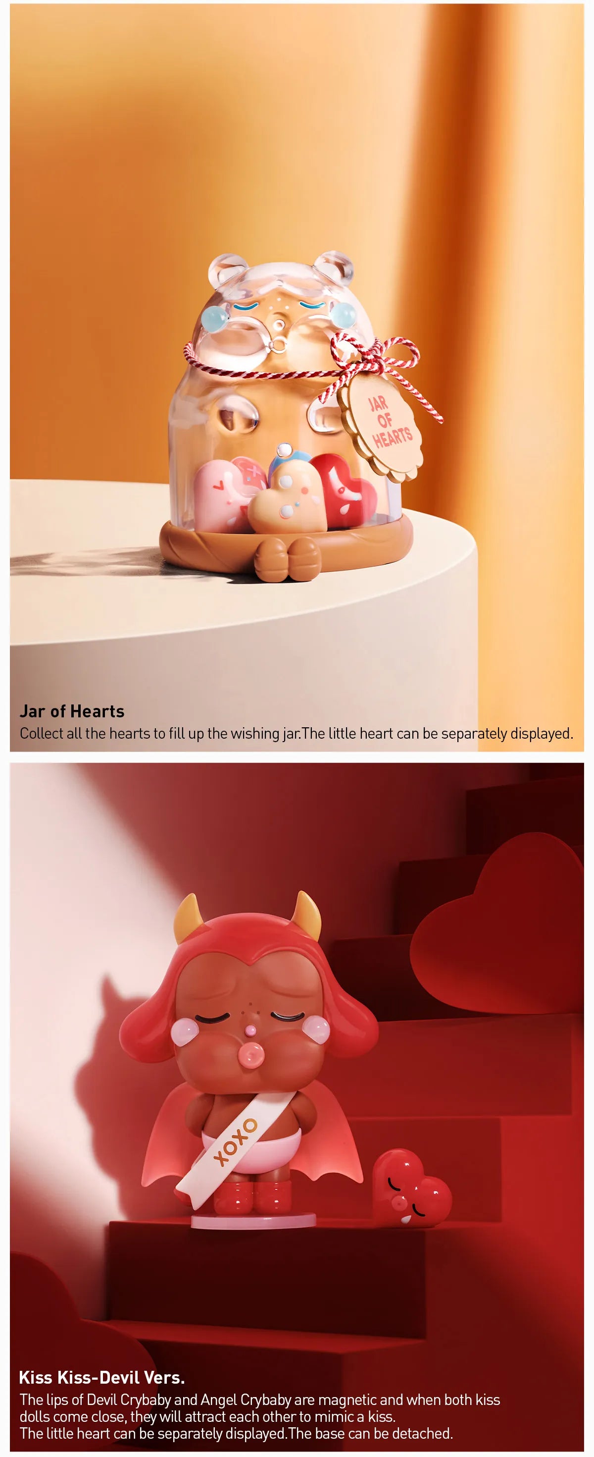 CRYBABY Crying For Love Series Figures collage, featuring toy figurines and glass jar with hearts. Available for preorder, ships late Feb 2025 from Strangecat Toys.