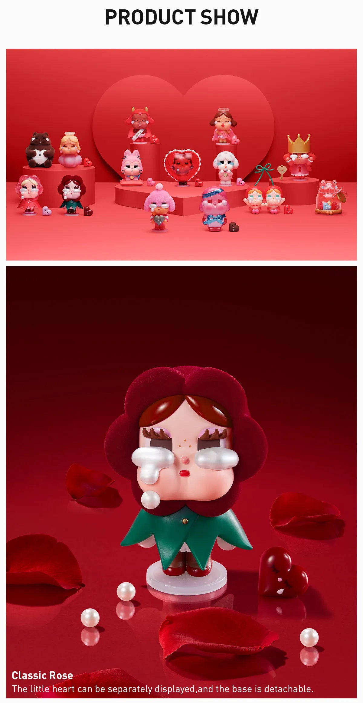 CRYBABY Crying For Love Series Figures - Preorder, featuring a toy collage with pink hair and a red heart-shaped cartoon character. Ships late February 2025.