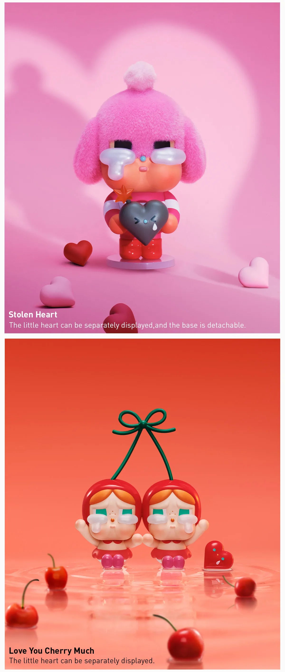 CRYBABY Crying For Love Series Figures, featuring a collage of various toys and dolls, available for preorder, ships late February 2025.