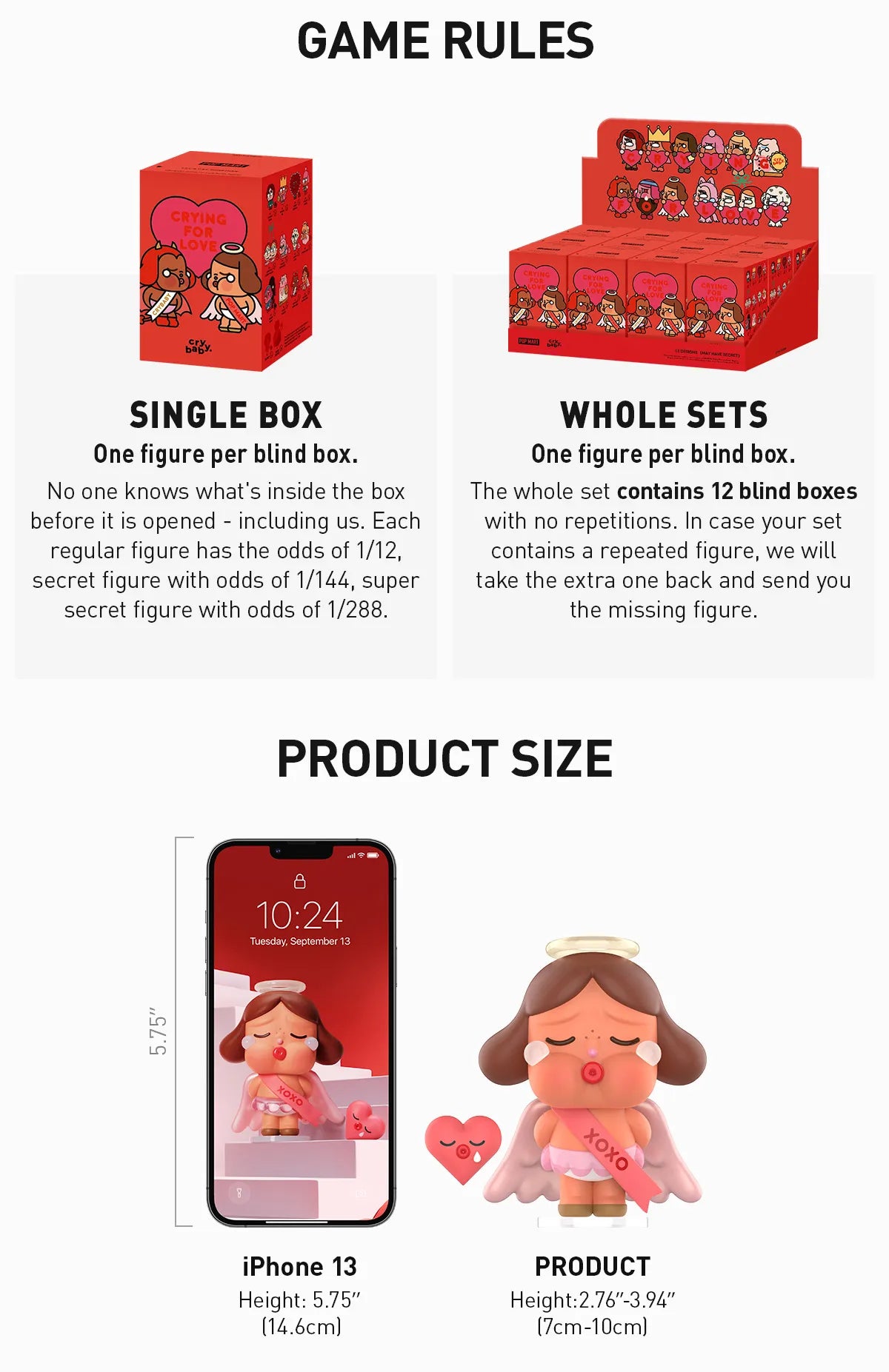 CRYBABY Crying For Love Series Figures - Preorder; toy figure packaging featuring cartoon characters, with preorder details for a collection of 12 designs and 2 secret versions.