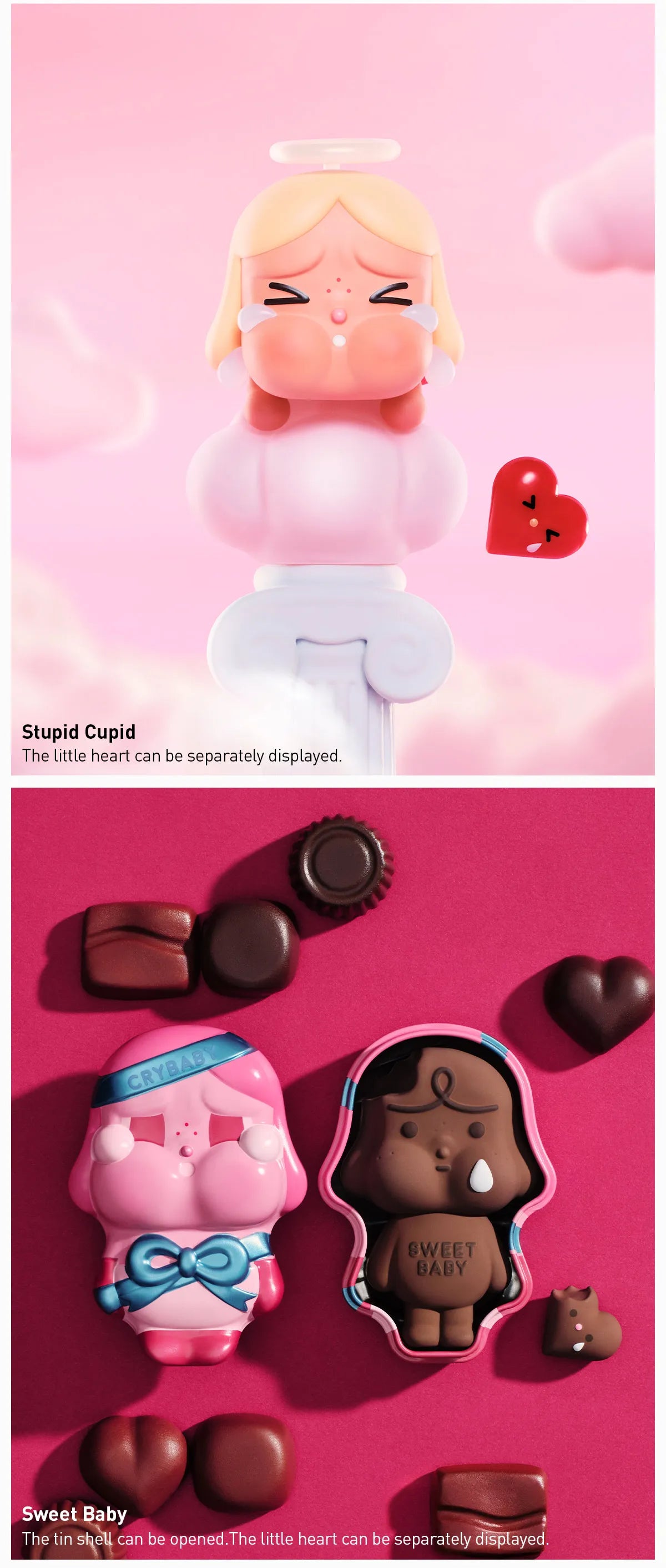 CRYBABY Crying For Love Series Figures collage with chocolates and a pink toy, showcasing preorder collection of 12 designs, highlighting toy and candy elements.