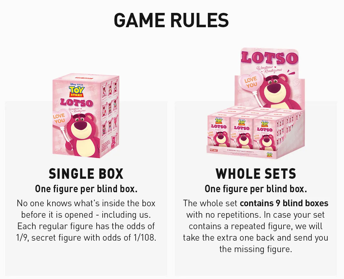 Disney/Pixar Lotso Wondrous Rendezvous Series Figures displayed in pink boxes, featuring a teddy bear design, available for preorder at Strangecat Toys.