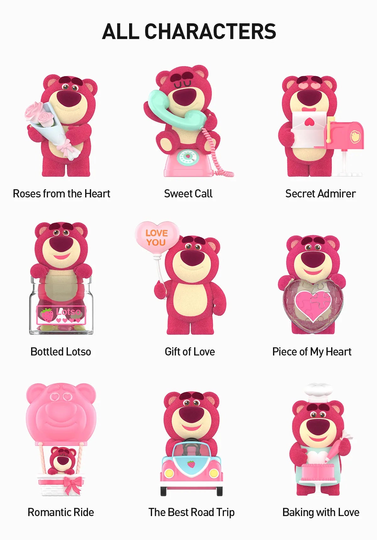 Disney/Pixar Lotso Wondrous Rendezvous Series Figures collage, featuring pink teddy bears with various objects, available for preorder from Strangecat Toys, ships February 2025.