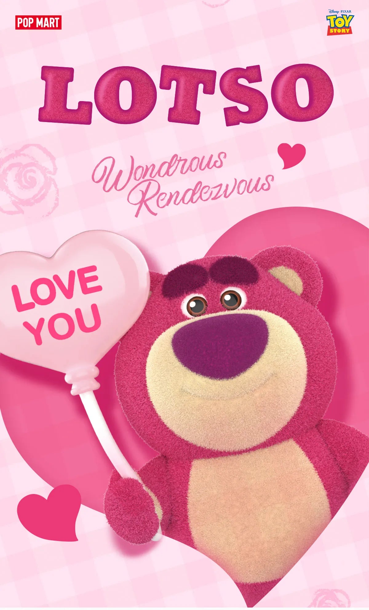 Disney/Pixar Lotso Wondrous Rendezvous Series plush, featuring a pink teddy bear holding a balloon, available for preorder at Strangecat Toys, shipping February 2025.