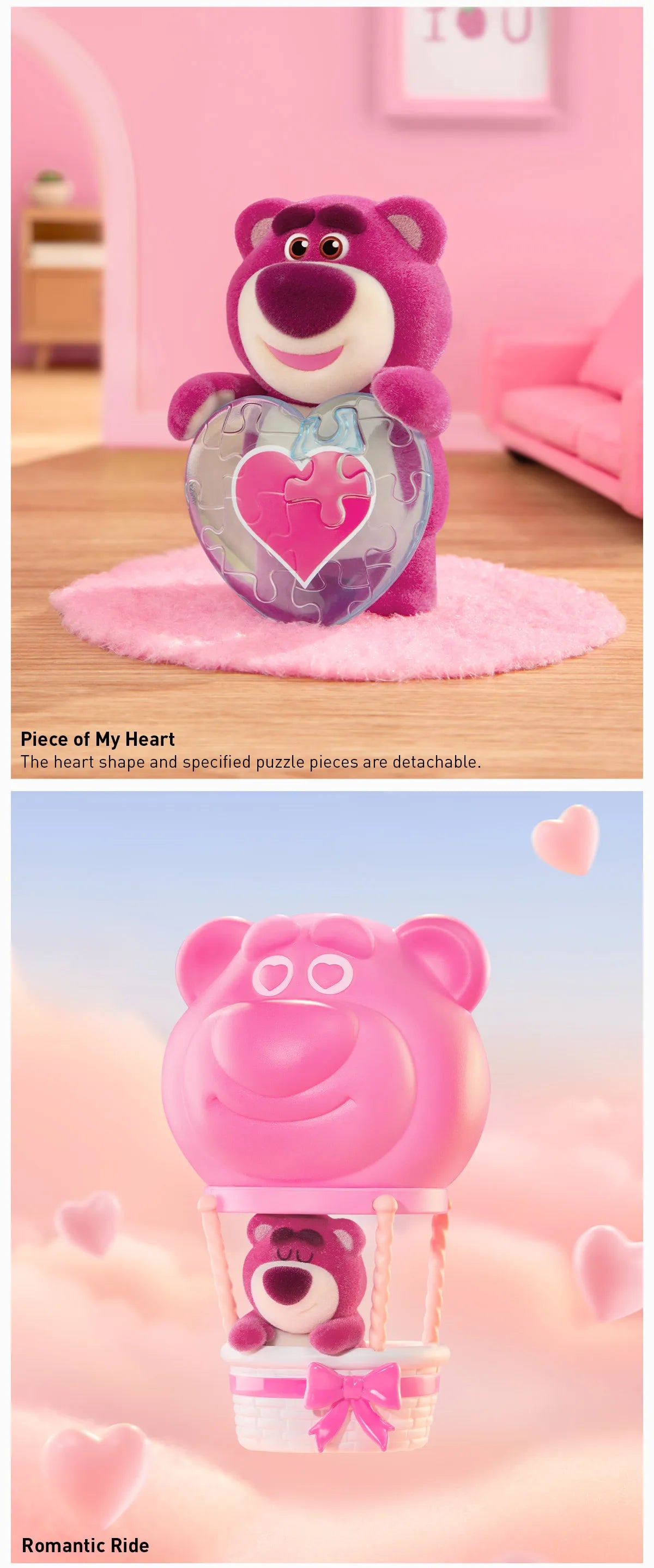 Disney/Pixar Lotso Wondrous Rendezvous Series Figure featuring a pink teddy bear holding a heart-shaped puzzle, part of a preorder collection.