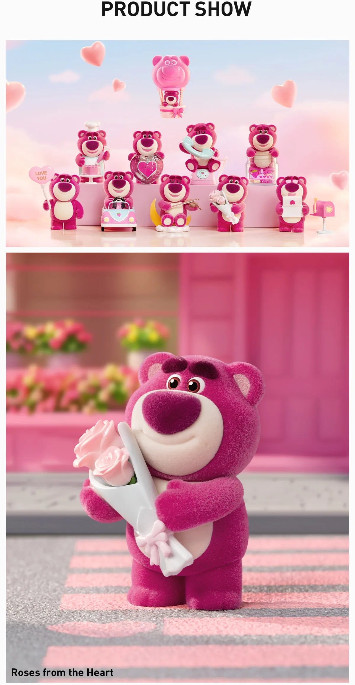 Disney/Pixar Lotso Wondrous Rendezvous Series Figures featuring a pink teddy bear holding a bouquet, part of a 9-design collection, available for preorder.