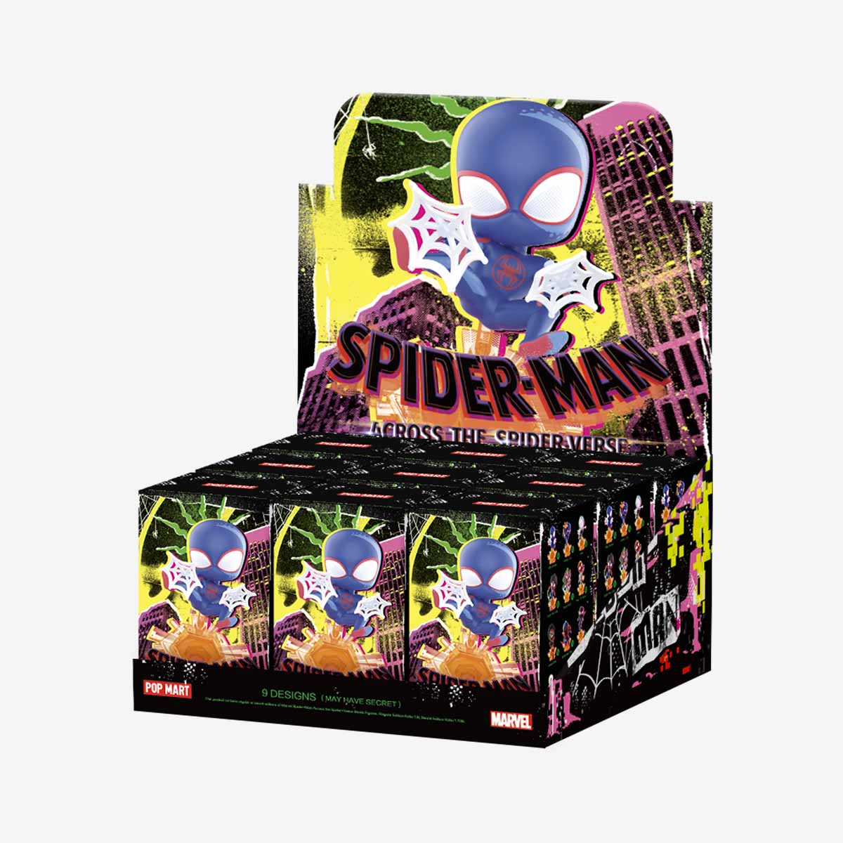 Marvel Spider-Man Across the Spider-Verse Series Figures box, featuring a cartoon character with spider webs, available for preorder at Strangecat Toys.