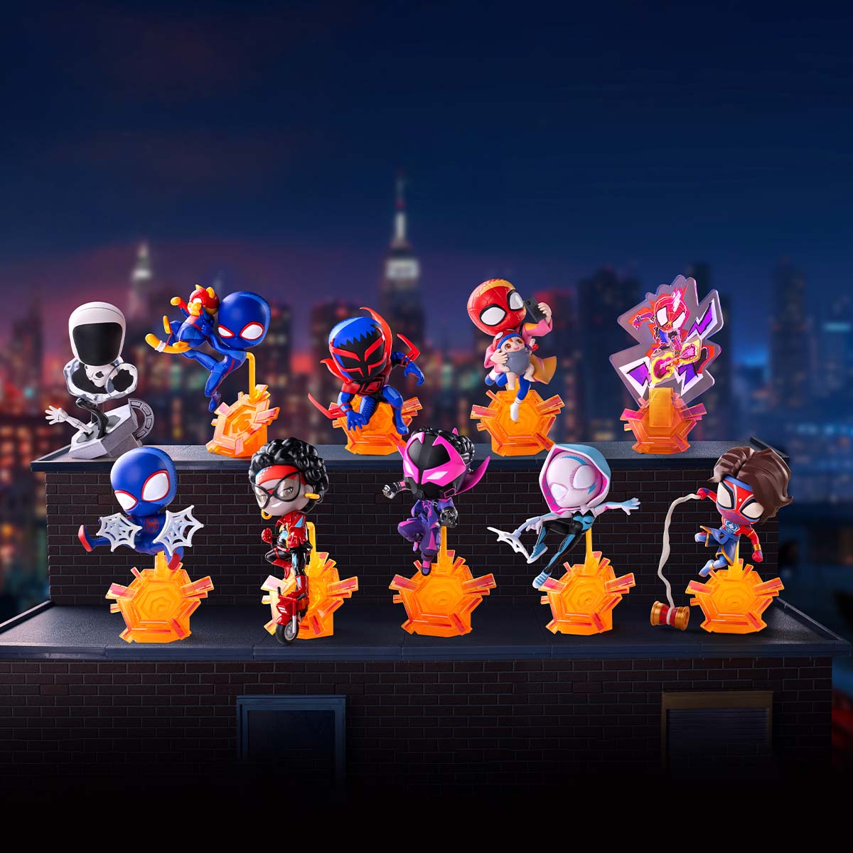 Marvel Spider-Man Across the Spider-Verse Series Figures for preorder. Features toy figurines, including superheroes and Spiderman, from a collection of 12 regular and 2 secret designs.